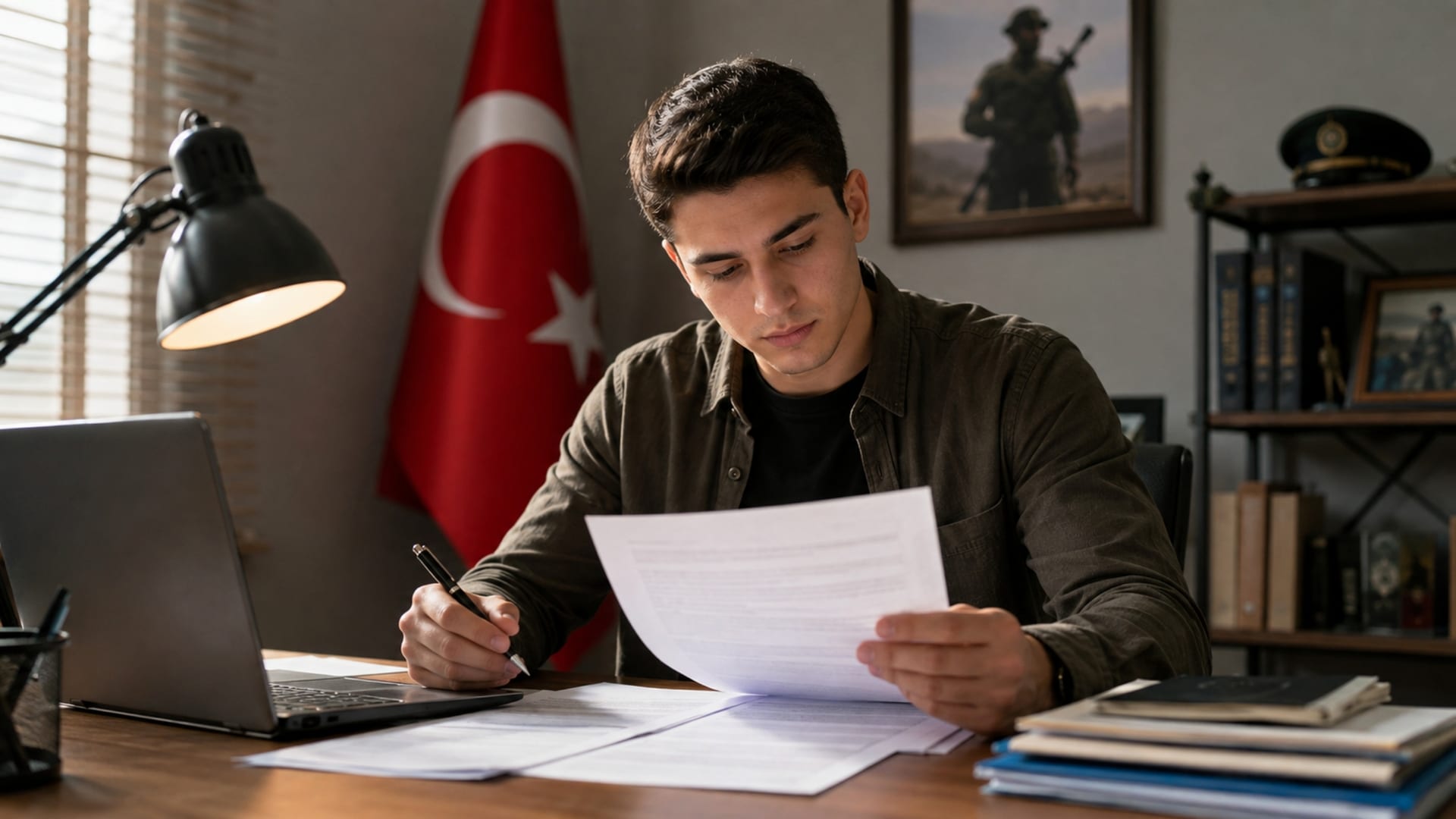 Yedek astsubay aday adaylığına ilişkin askerlik belgelerini inceleyen Türk yükümlü