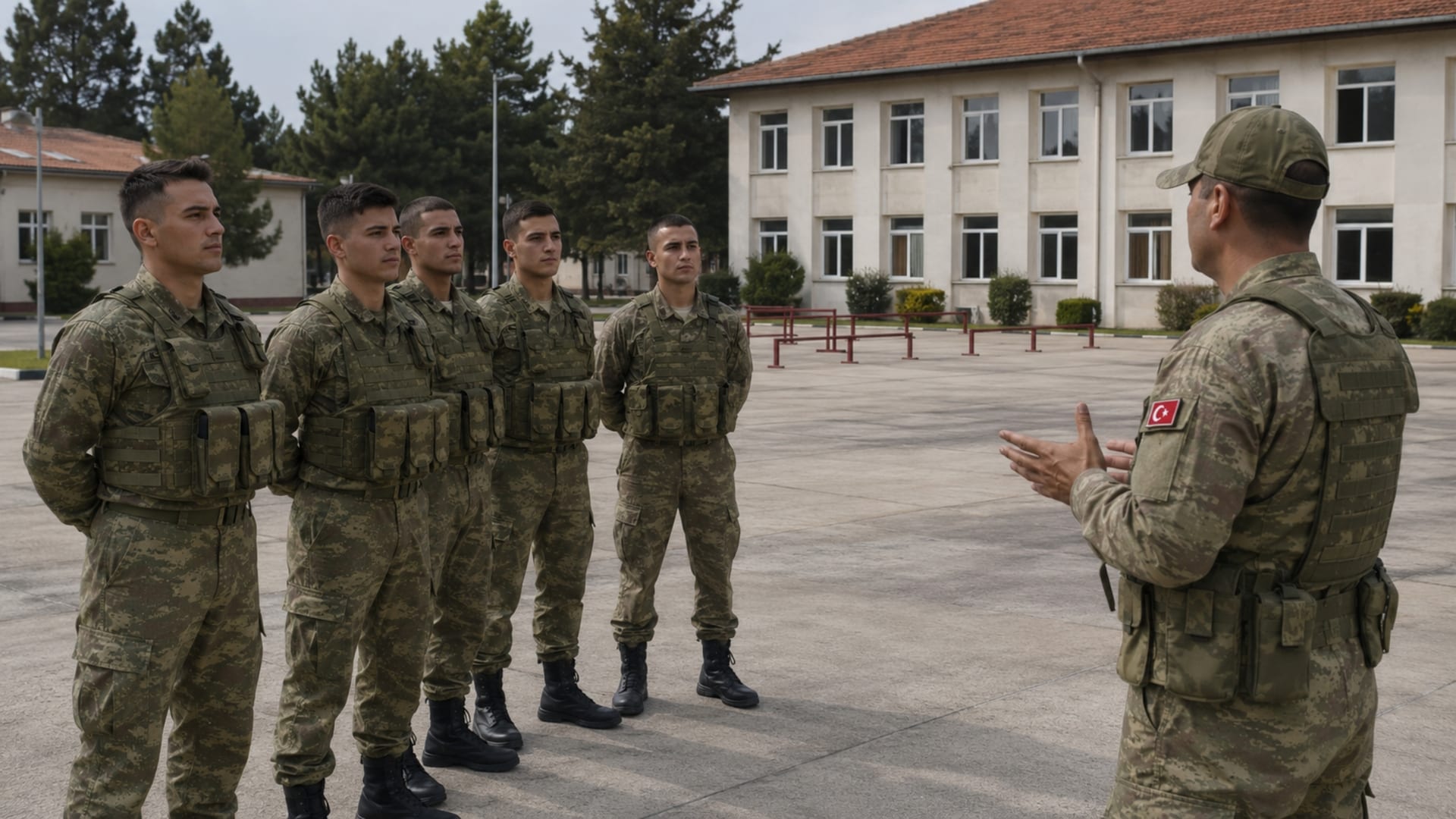 Piyade sınıfı eğitimi öncesinde Türk askerlerine brifing veren askerî eğitmen