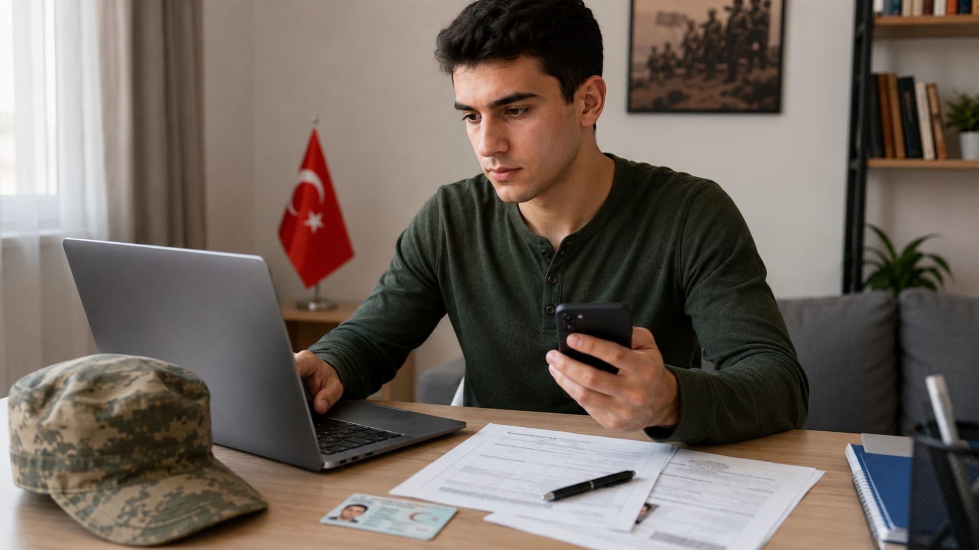 Sağlık muayenesi sonrasında askerlik sürecini bilgisayar ve telefon üzerinden takip eden Türk yükümlü