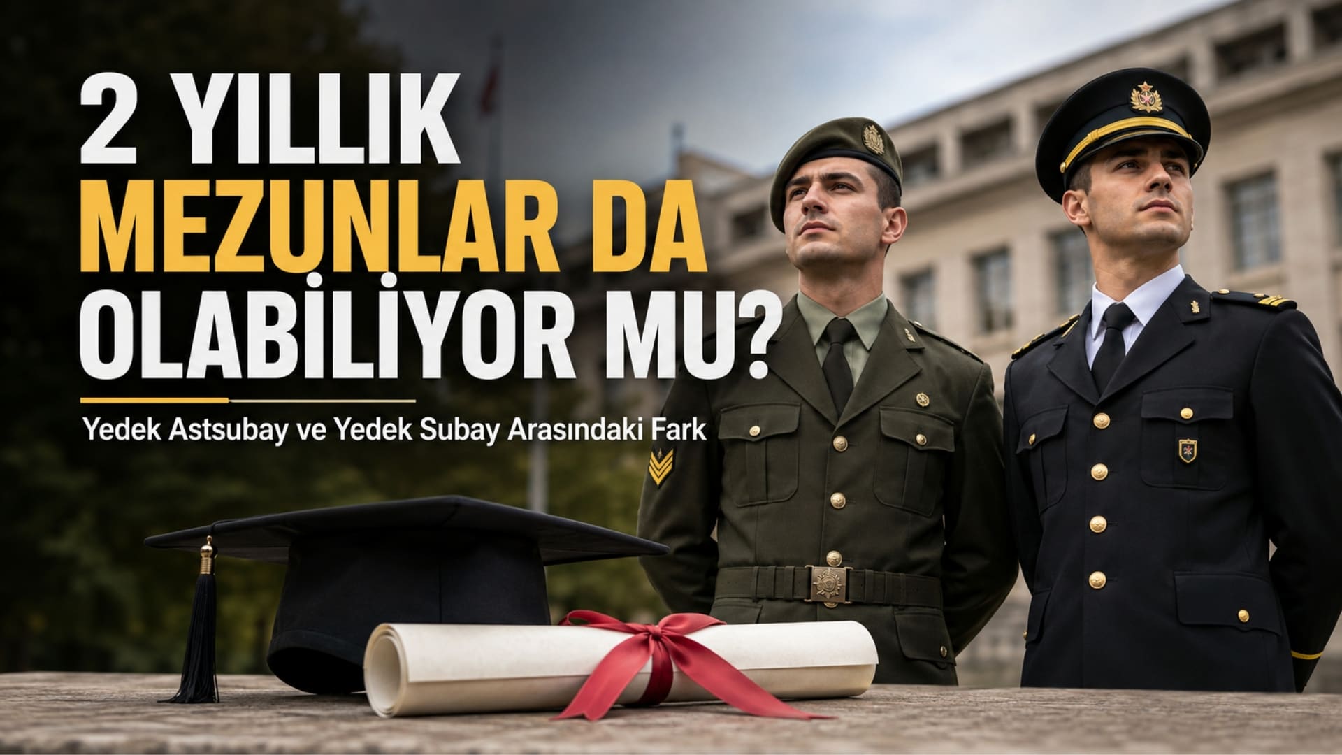Yedek astsubay ve yedek subay arasındaki rütbe, eğitim şartı ve askerlik hizmeti farklarını anlatan kapak görseli