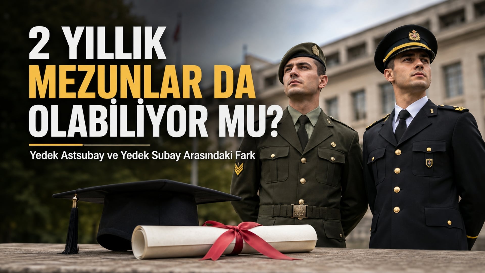 Yedek astsubay ve yedek subay arasındaki rütbe, eğitim şartı ve askerlik hizmeti farklarını anlatan kapak görseli