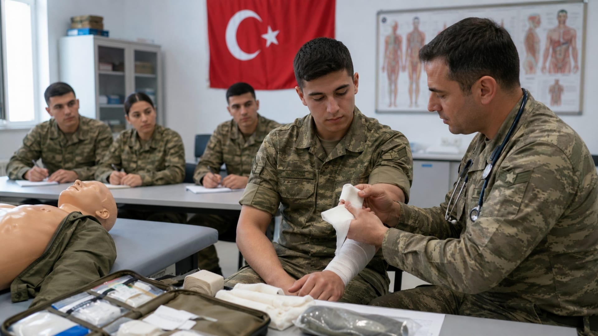 Sağlık sınıfındaki Türk askerlerine uygulamalı ilk yardım ve tıbbi eğitim verilmesi