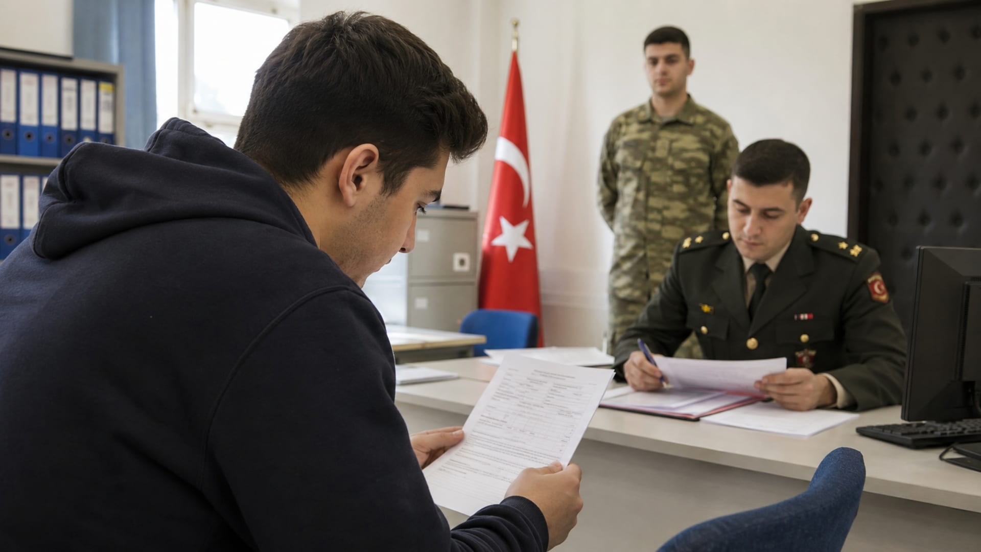 Sınıflandırma belgesini askerlik şubesinde inceleyen Türk asker adayı
