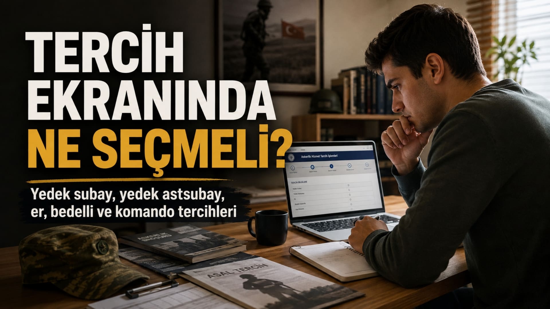 Askerlik başvurusu ve hizmet tercihi sürecini simgeleyen askerlik evrakları ile askerlik hazırlığı yapan genç