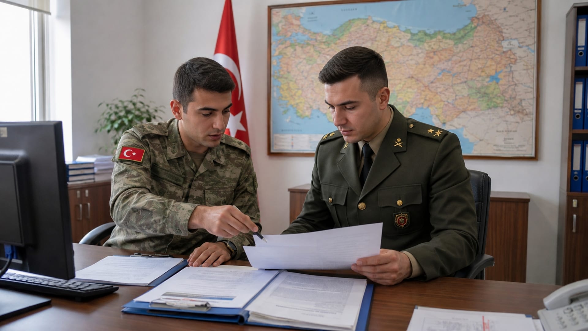Eğitim sonrası görev yeri evraklarını birlikte inceleyen Türk askerî personel