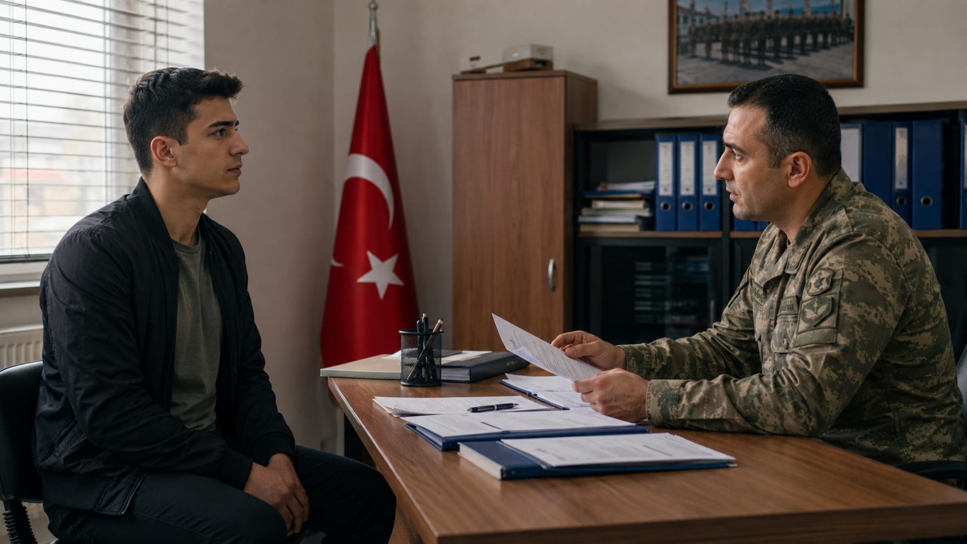 Birlikteki işlemler ve görev düzeni hakkında askerî personelle görüşen Türk asker adayı