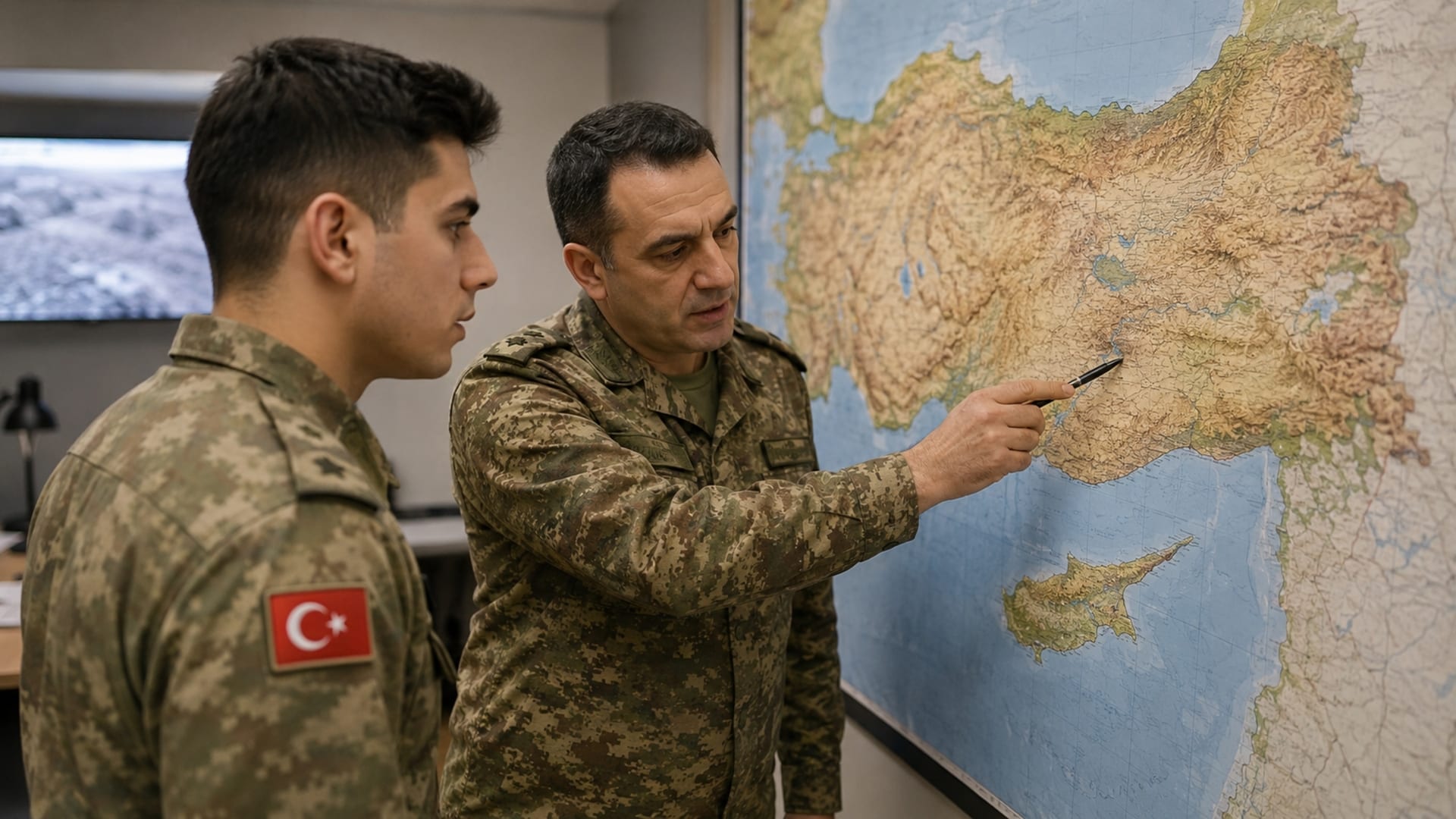 Türkiye ve Kıbrıs haritası üzerinden olası askerlik görev bölgelerini inceleyen Türk askerler