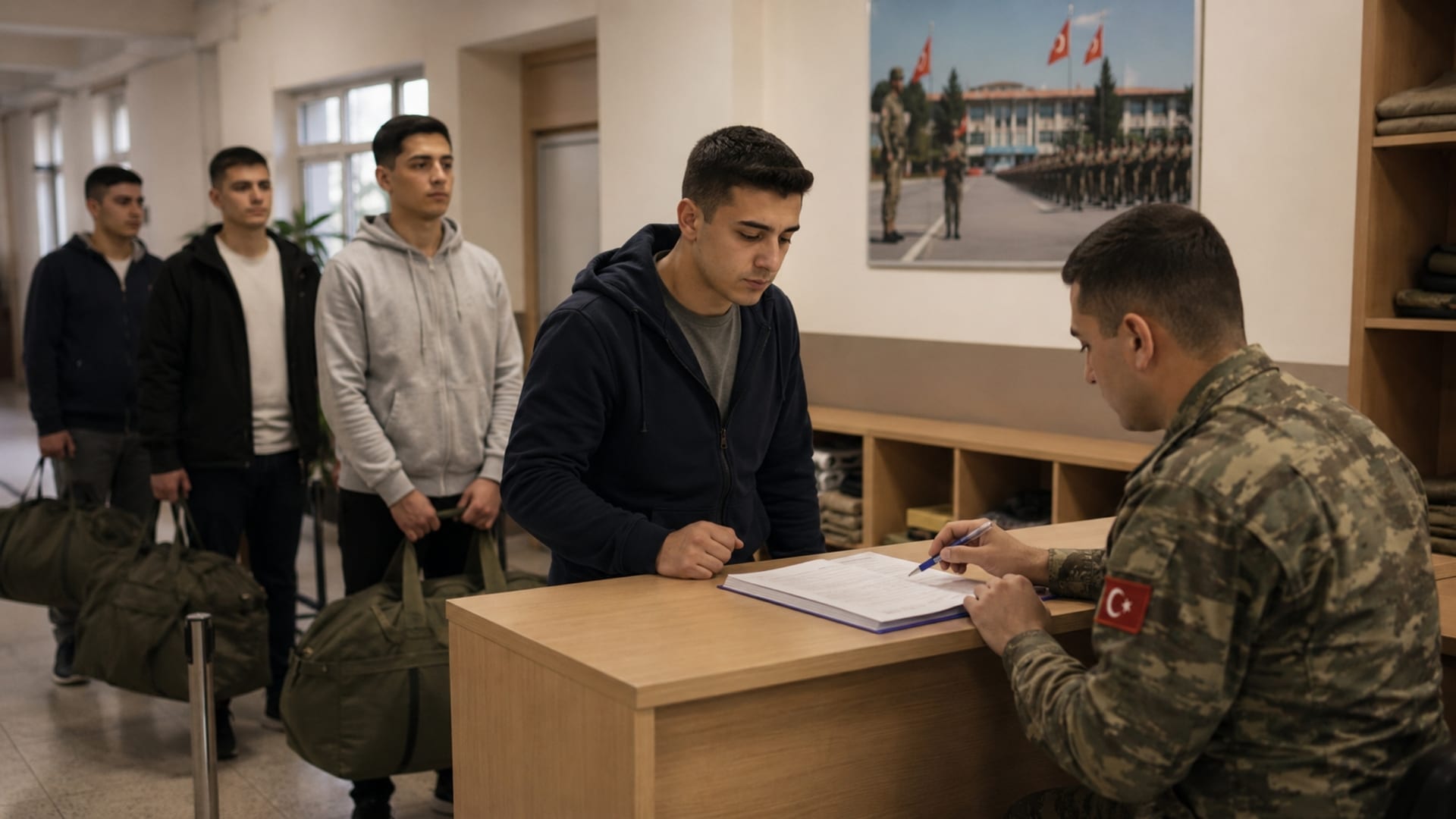 Birliğe katılış sırasında kayıt işlemlerini tamamlamak için sırada bekleyen Türk asker adayları