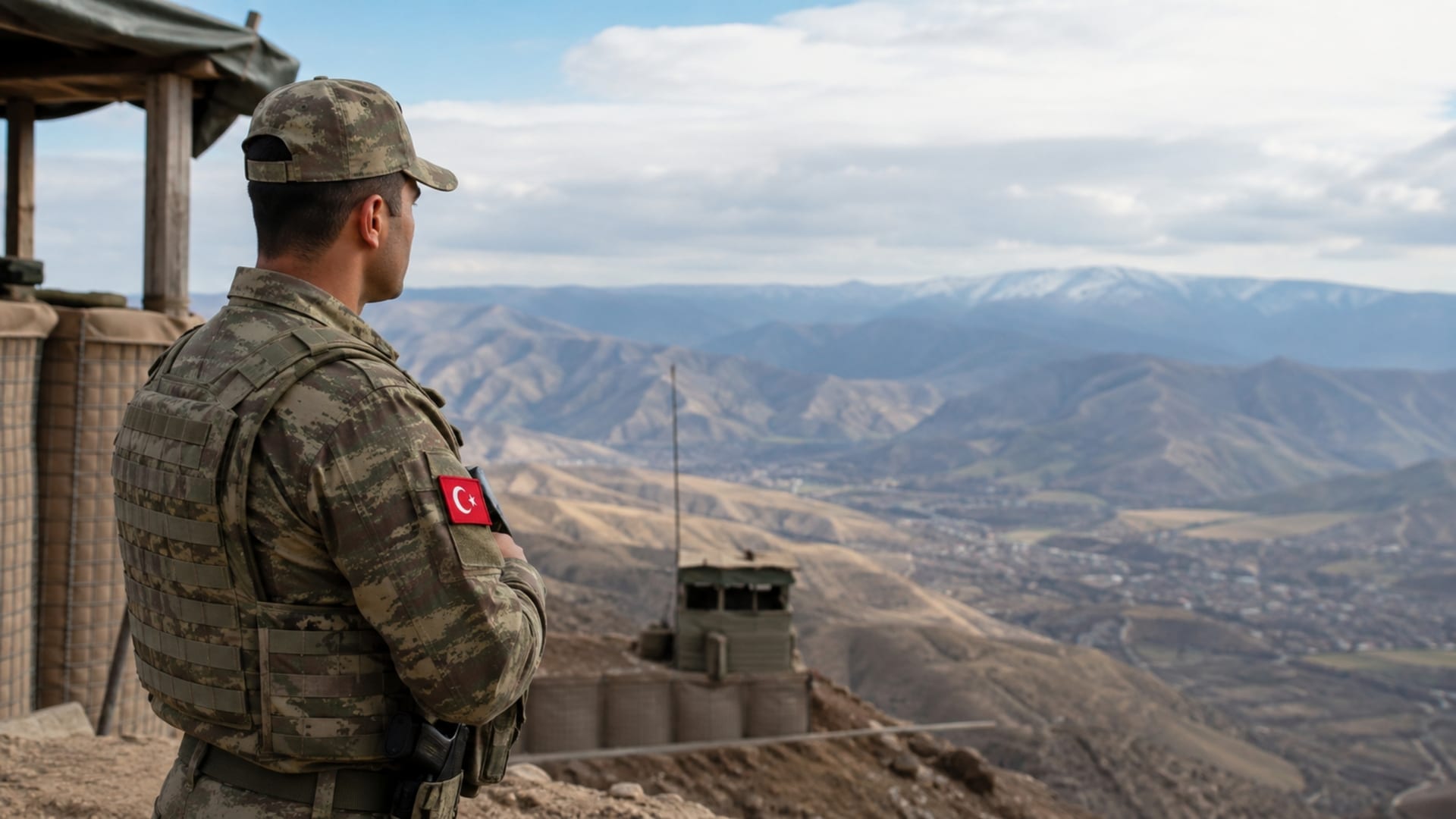 Dağlık bölgede görev yaptığı askerî noktadan çevreyi gözlemleyen Türk asker