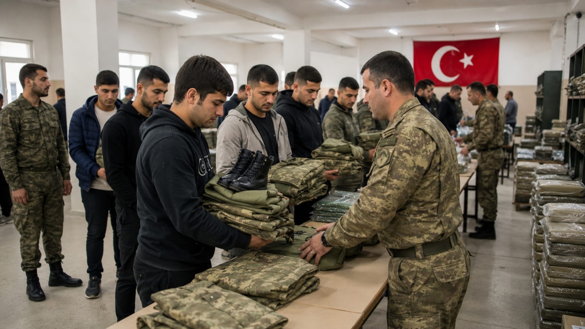 İlk gün askerî kıyafet, bot ve temel ekipmanlarını teslim alan Türk asker adayları