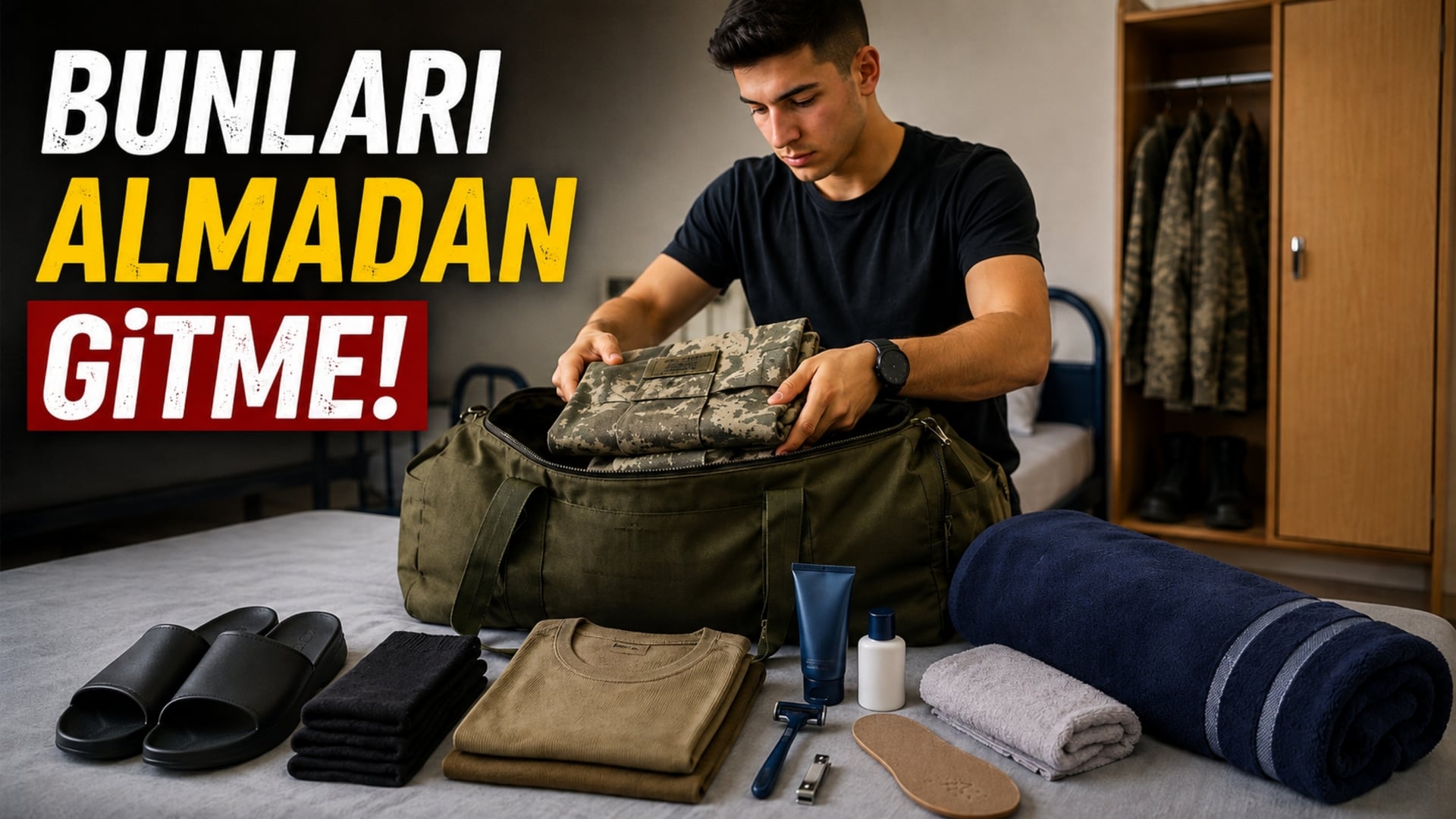 Askere gitmeden önce çorap, fanila, havlu ve kişisel bakım malzemelerinden oluşan asker çantasını hazırlayan Türk asker adayı