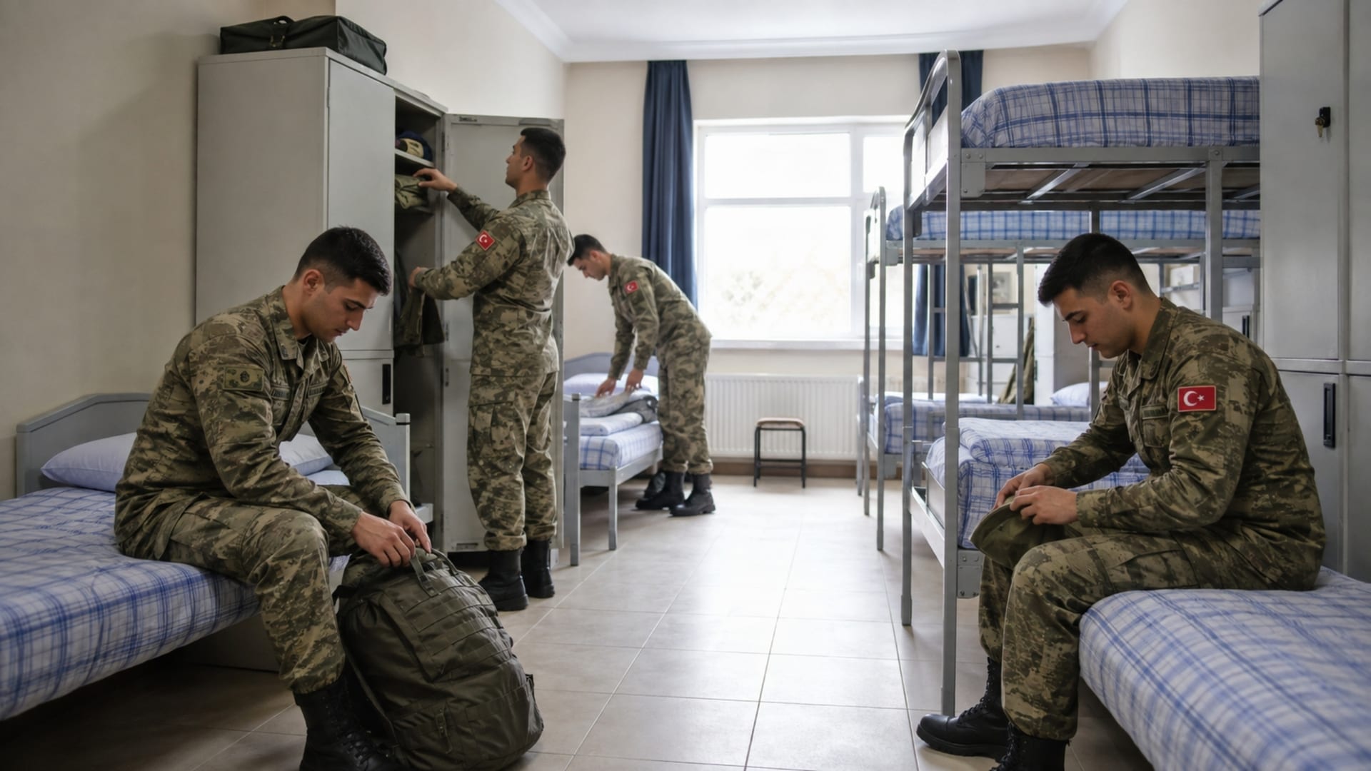 Askerî birlikte ortak koğuşta kişisel eşyalarını düzenleyen Türk askerler