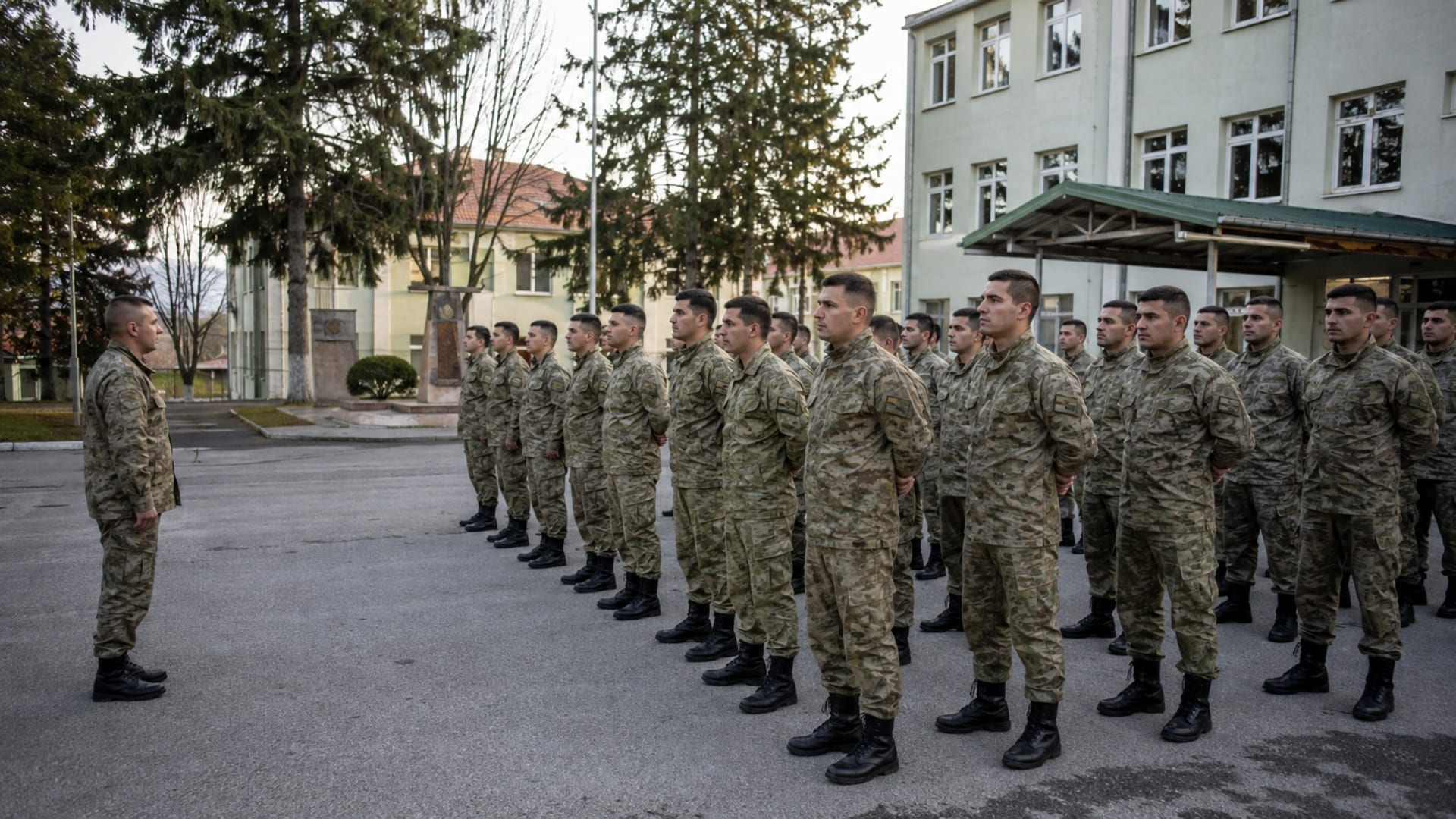 Birlik avlusunda günlük içtima düzeninde toplanan Türk askerî personel