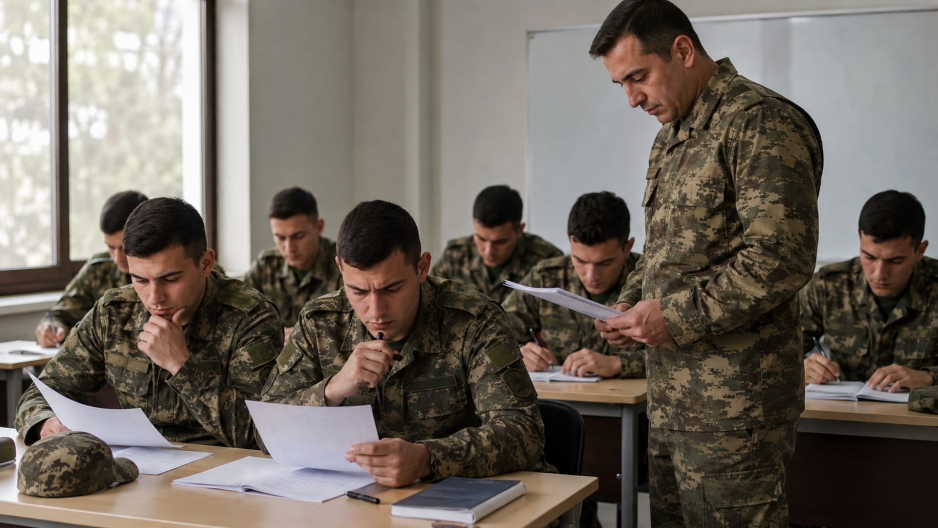 Eğitimin son haftalarında sınav kâğıtlarını inceleyen Türk asker adayları