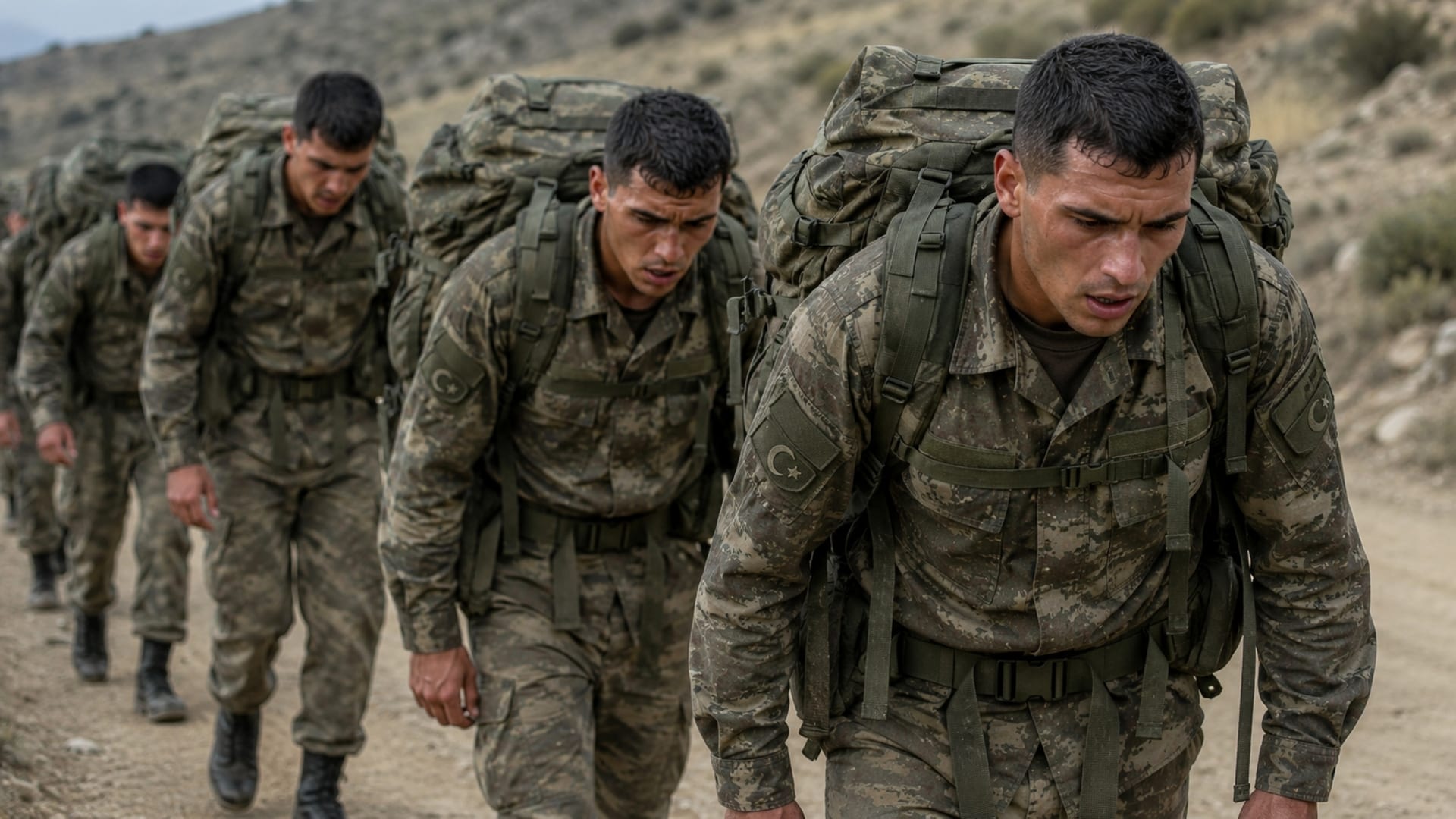 Tam teçhizatla zorlu arazide yürüyen Türk asker adayları