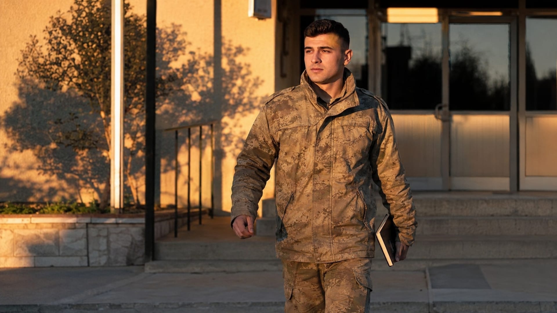 Sabah erken saatlerde birlik sahasında hazır bulunan kamuflajlı erkek askerin editoryal görünümü