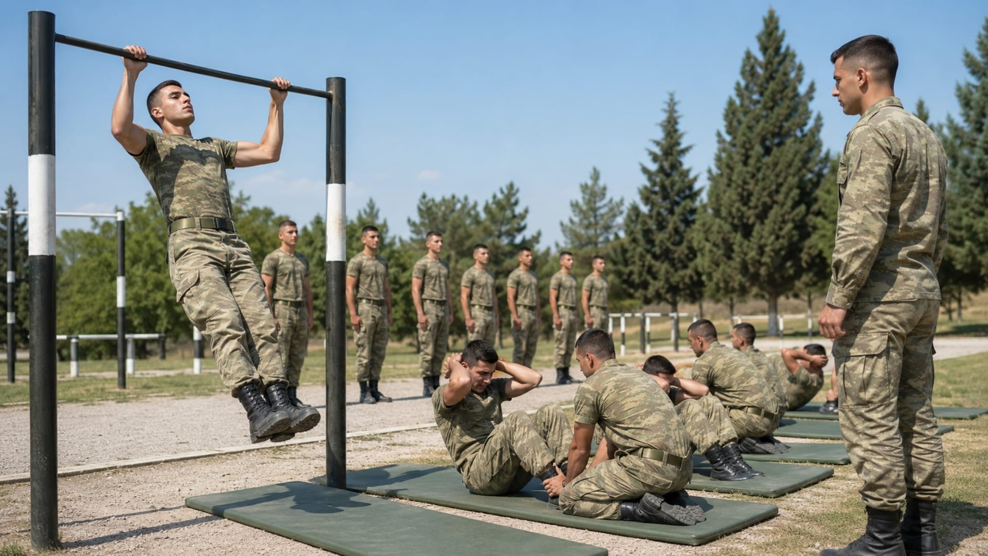 Barfiks ve mekik testlerinde fiziksel performans sergileyen Türk asker adayları