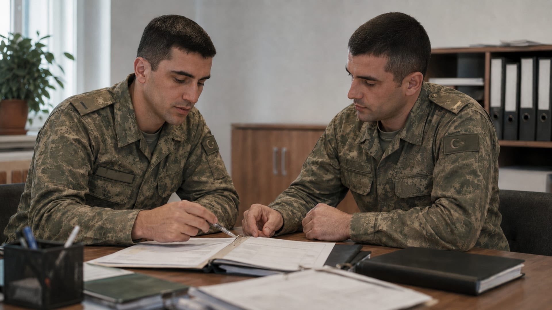 İzin ve terhis evraklarını birlikte inceleyerek son süreci netleştiren Türk askerî personel