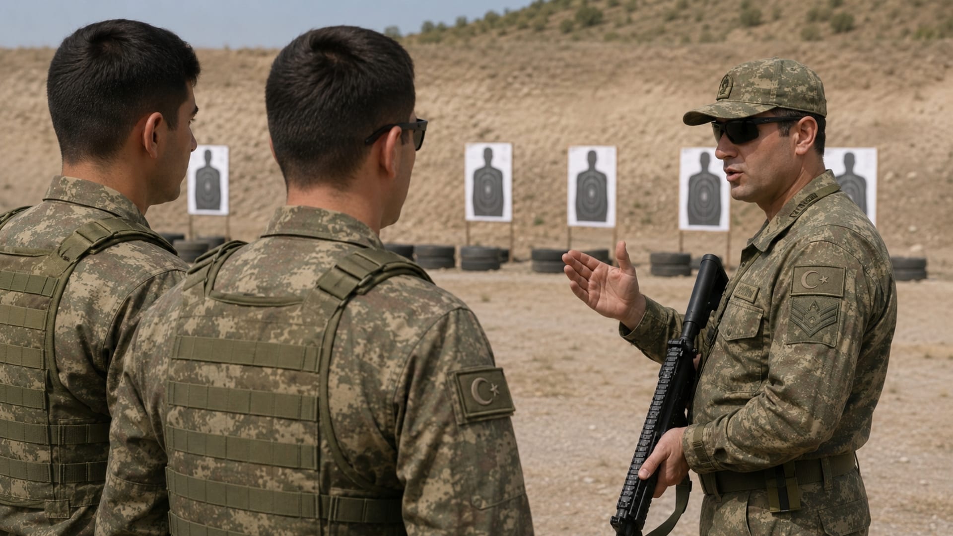 Atış poligonunda eğitmen gözetiminde güvenli silah kullanımı hakkında bilgi alan Türk askerî personel
