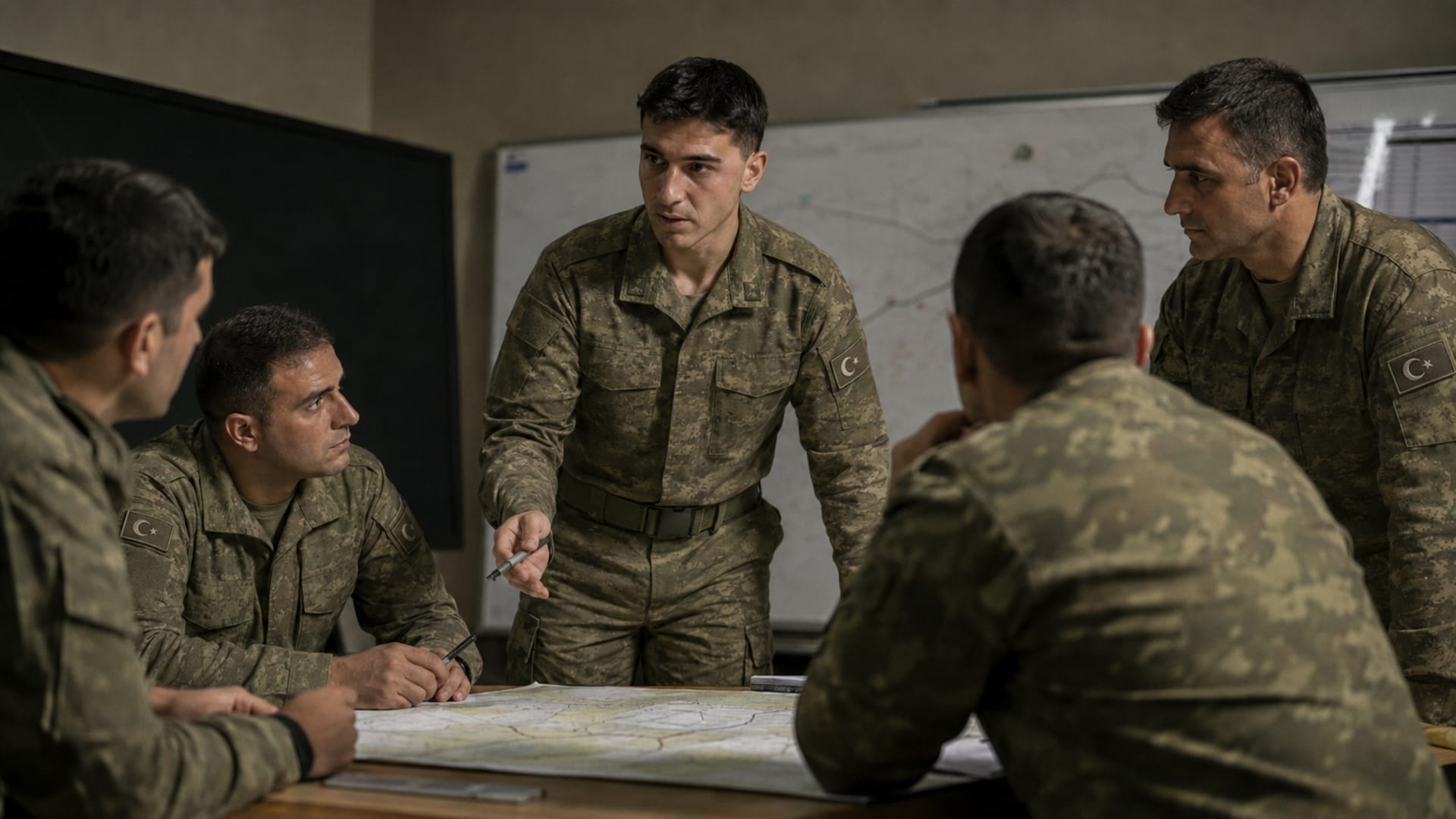 Harita üzerinde görev ve takım planlamasını değerlendiren Türk askerî personel