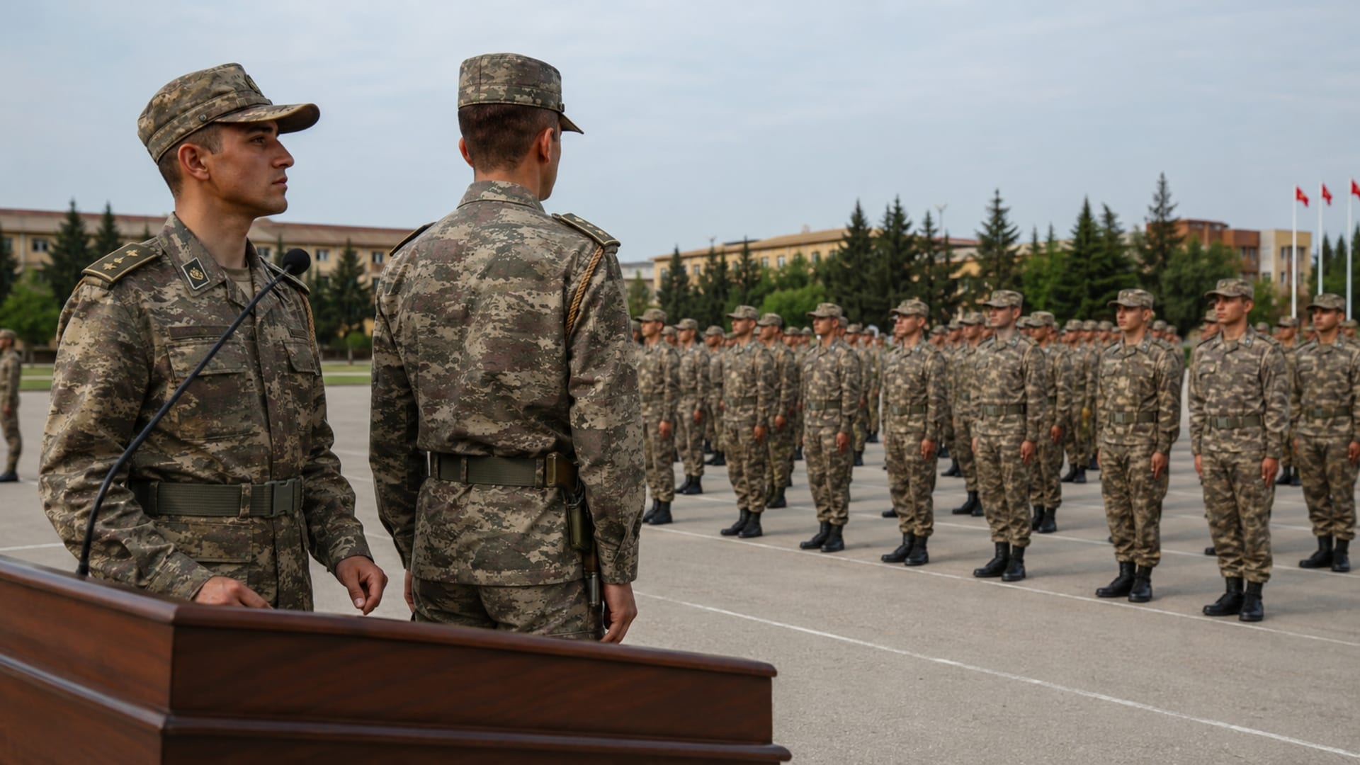 Mezuniyet töreni hazırlığında resmî konuşma düzenini uygulayan Türk asker adayları