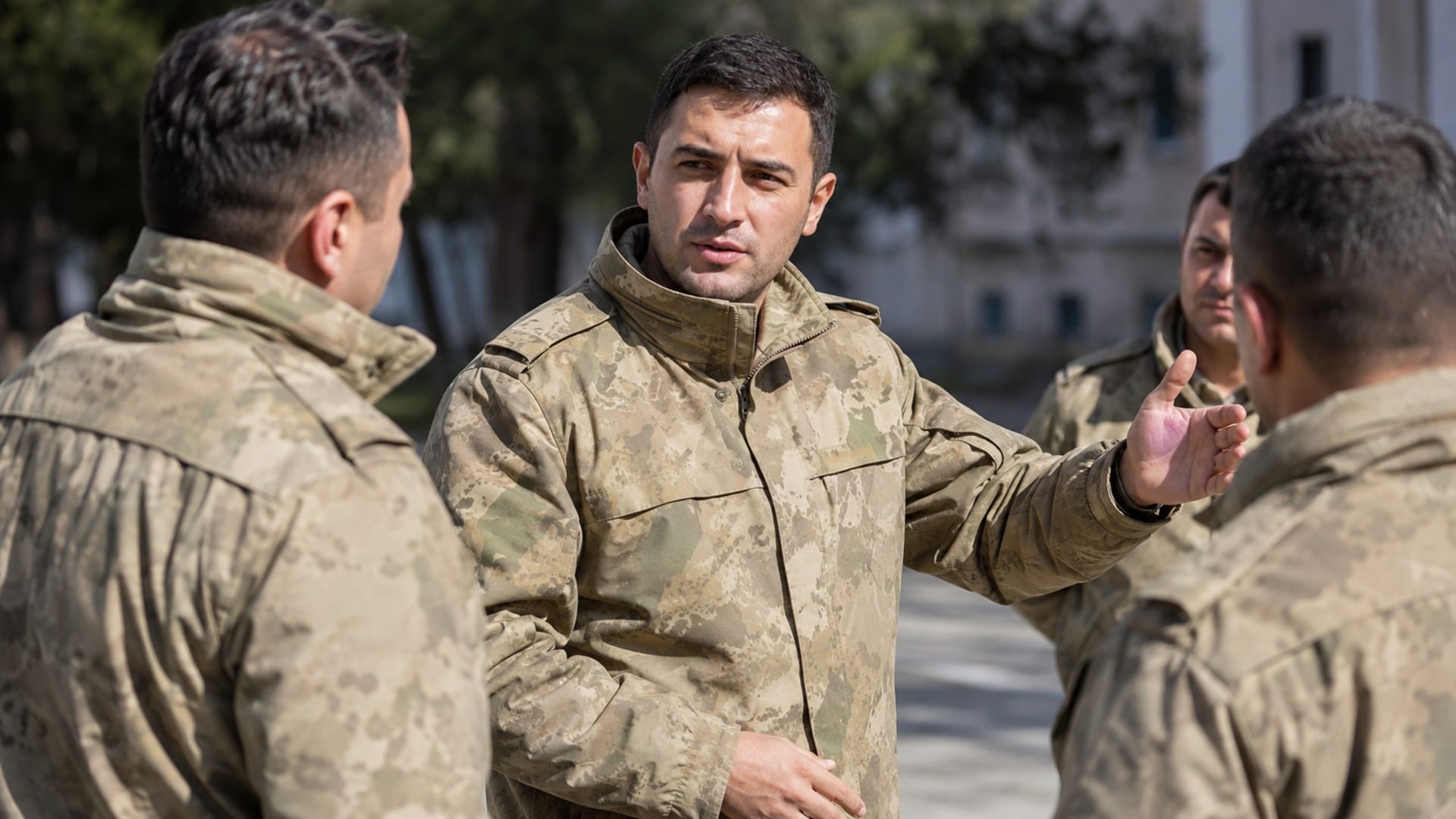 Toplantı alanında sabah düzeni ve görev akışı hakkında brifing alan kamuflajlı erkek askerler
