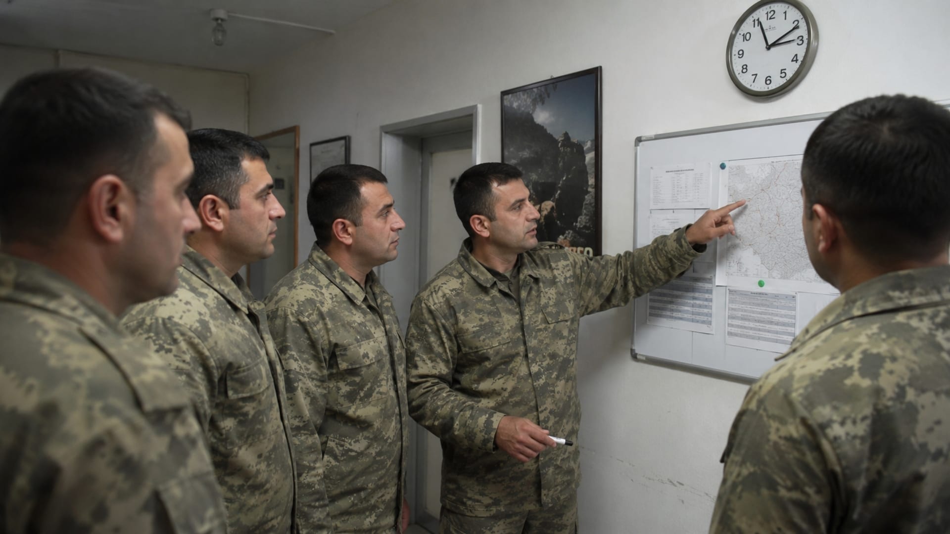 Harita ve görev planı üzerinden günlük birlik faaliyetleri hakkında brifing yapan Türk askerî personel