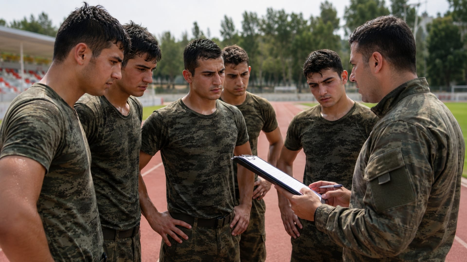 Fiziksel testlerin ardından performans sonuçlarını eğitmenle değerlendiren Türk asker adayları