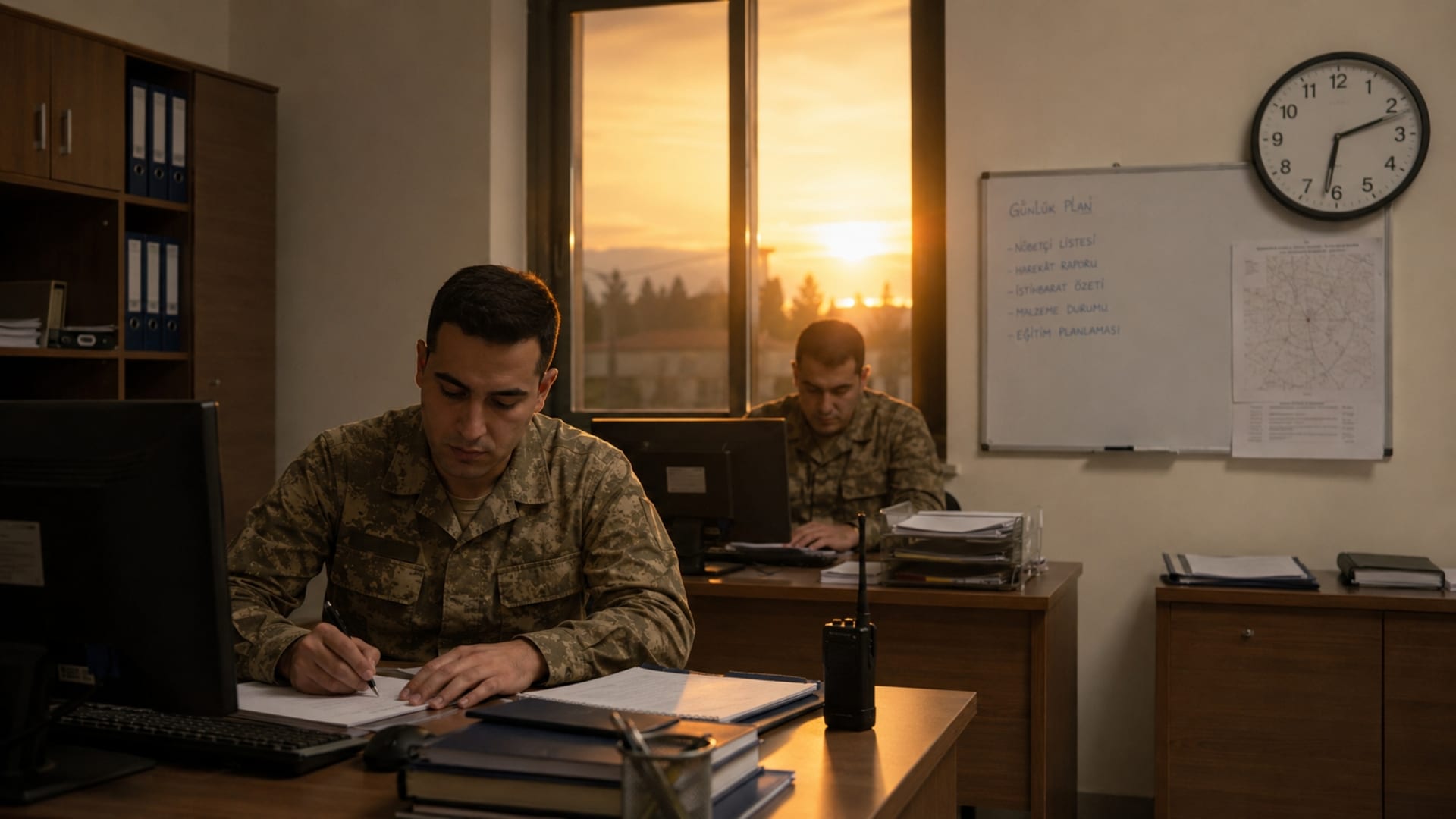 Akşam saatlerine uzayan çalışma programında askerî ofiste görevine devam eden Türk askerî personel
