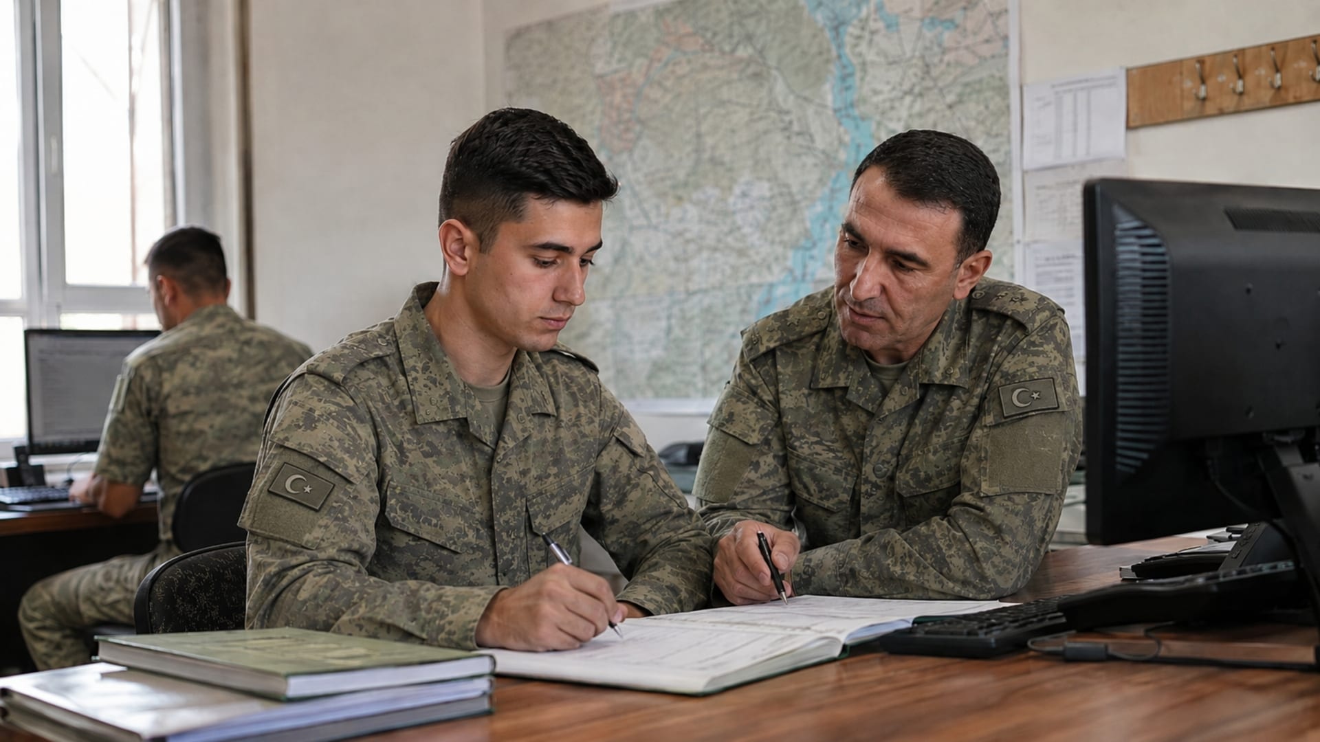 Kıta düzenine alıştıktan sonra günlük görev ve evrak çalışmalarını birlikte yürüten Türk askerî personel
