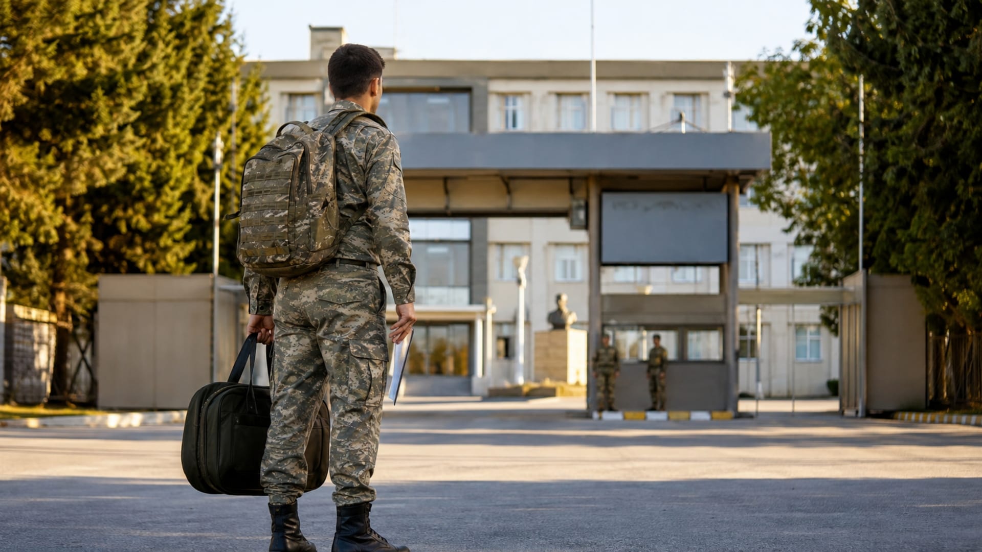 Yeni görev yerine katılmak üzere askerî birlik girişine gelen Türk asker adayı