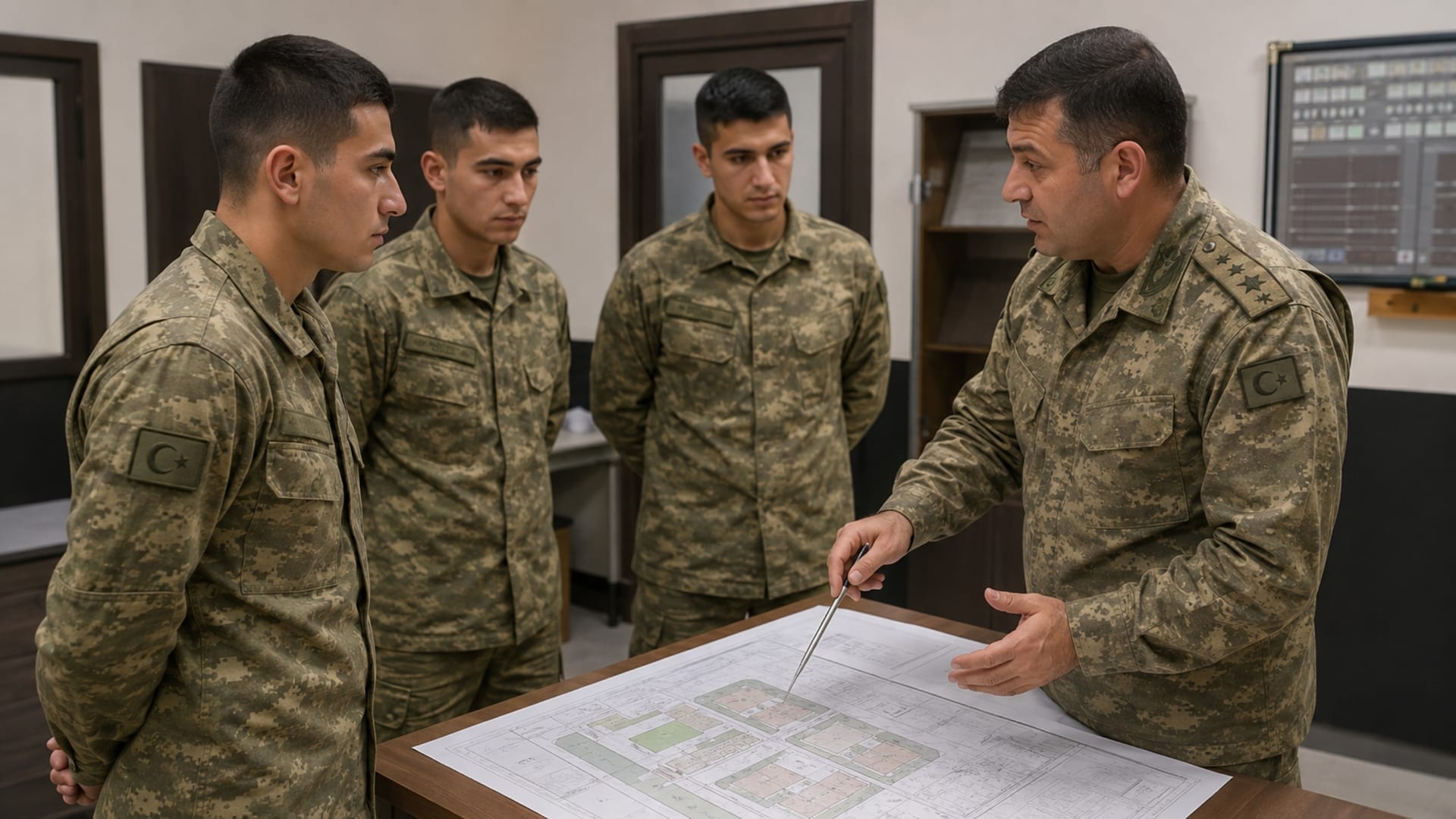 Birlik içindeki görev ve nöbet noktalarını plan üzerinden öğrenen Türk askerî personel