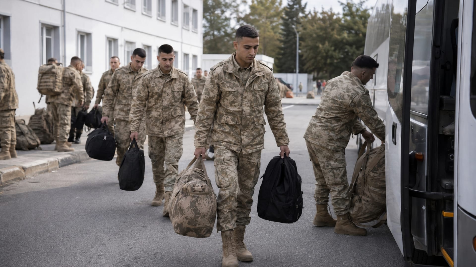Eğitim birliğinden ayrılarak yeni görev yerine geçmek üzere askerî araca yönelen Türk askerî personel