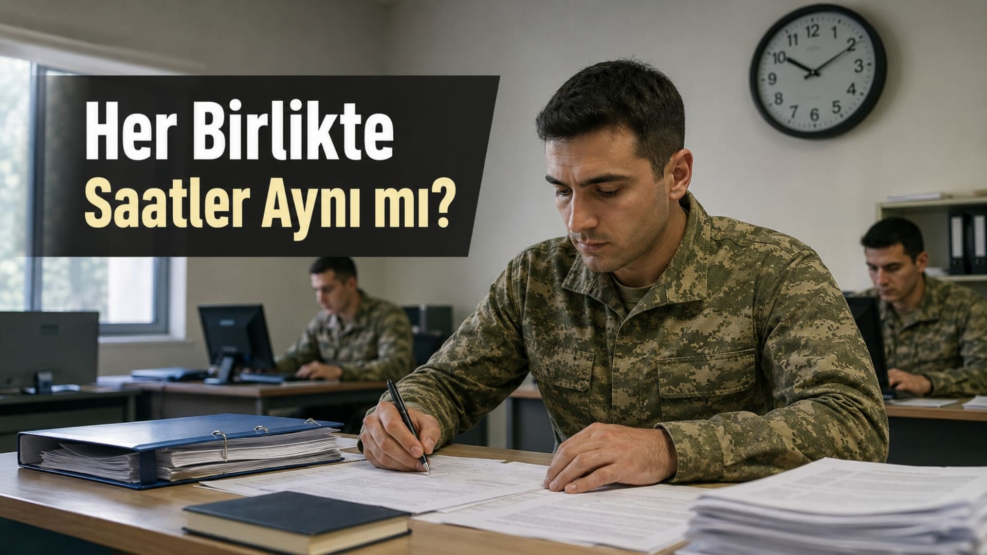 Görev birliğinde günlük mesai ve çalışma programını takip eden Türk yedek subay ve yedek astsubay personel