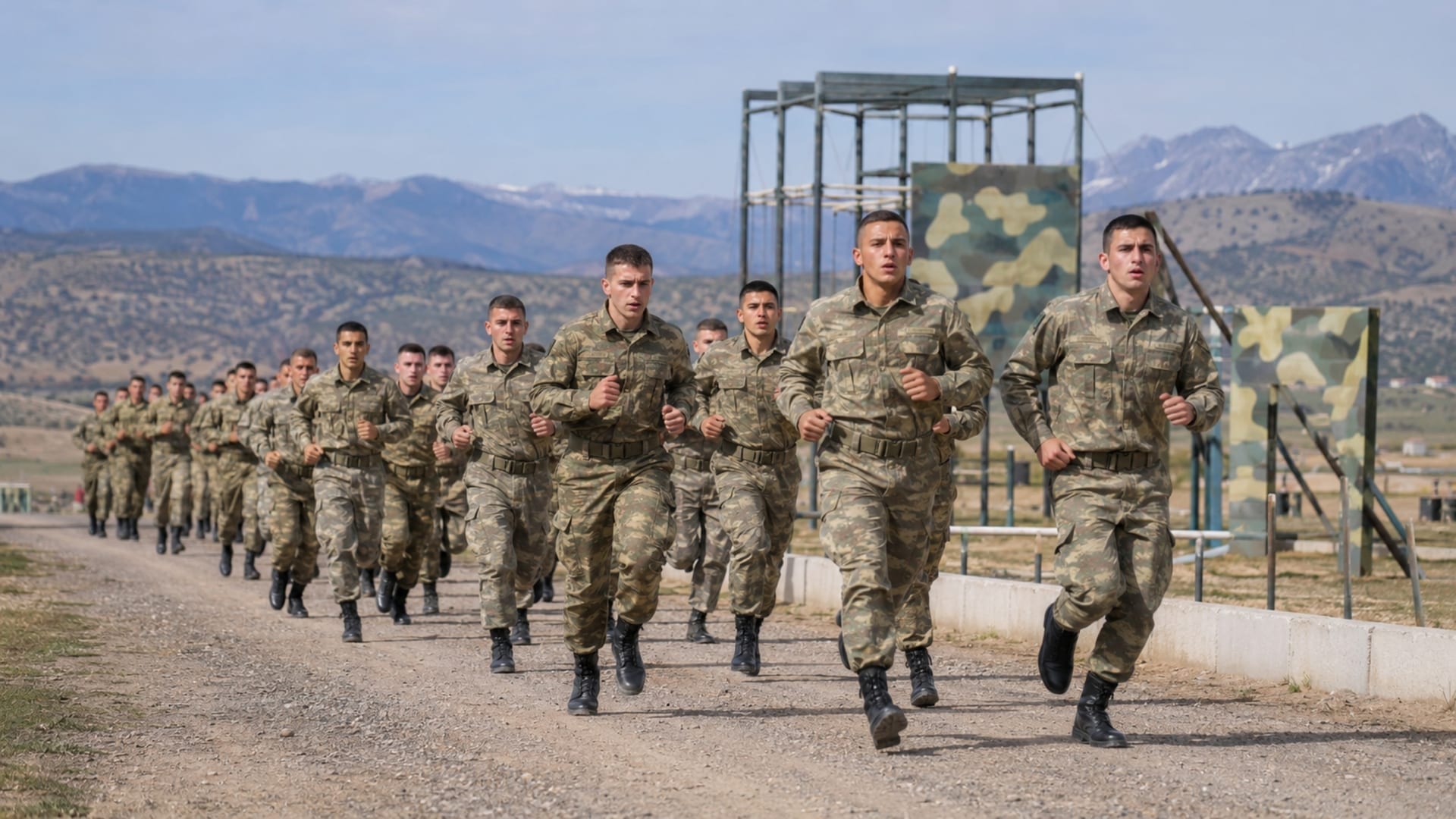 Fiziksel eğitim kapsamında koşu ve kondisyon çalışması yapan Türk asker adayları