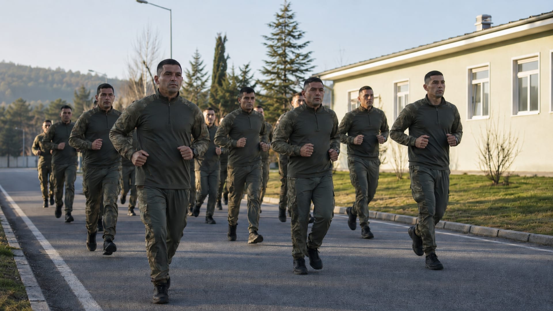 Birlik içerisinde sabah koşusu ve fiziksel eğitim yapan Türk askerî personel