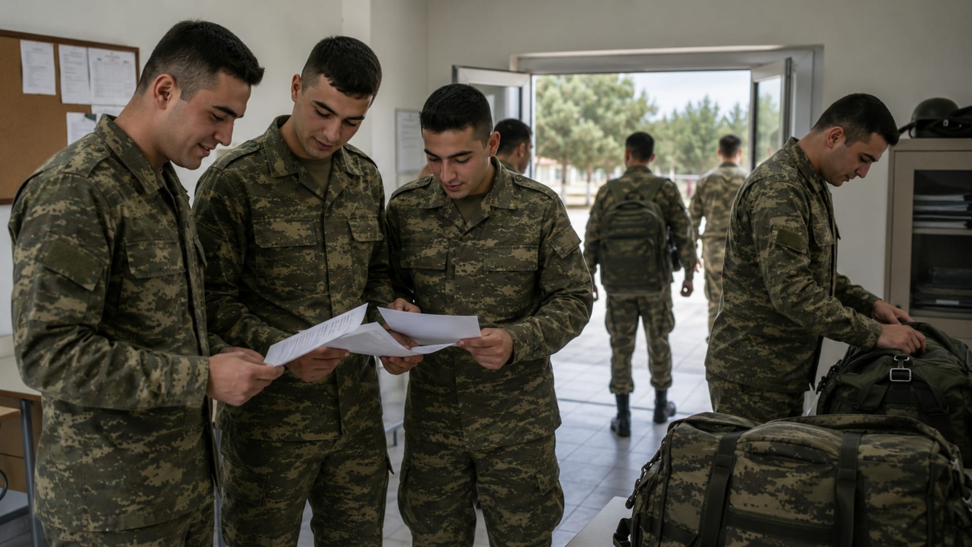 Eğitim merkezinden ayrılmadan önce evraklarını kontrol eden ve hazırlık yapan Türk asker adayları