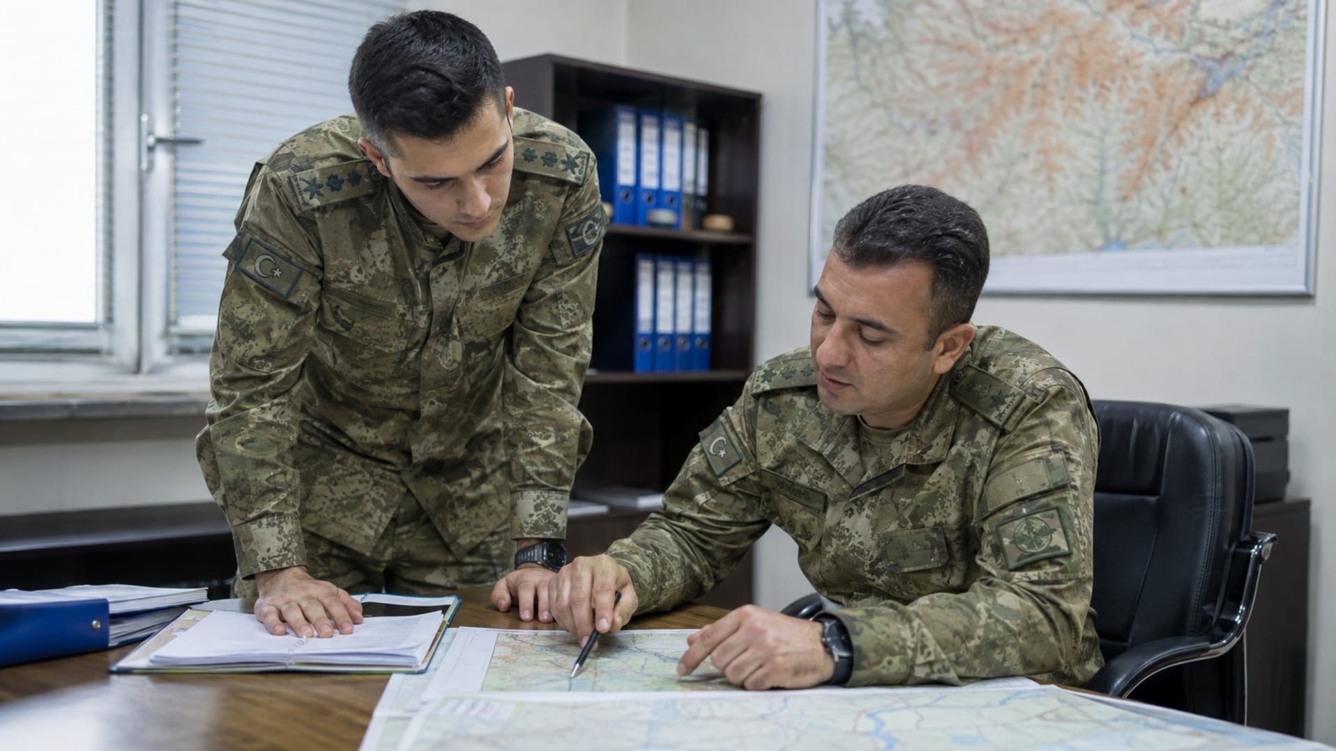 Harita ve görev evrakları üzerinde tecrübeli astsubayla birlikte çalışan genç asteğmen