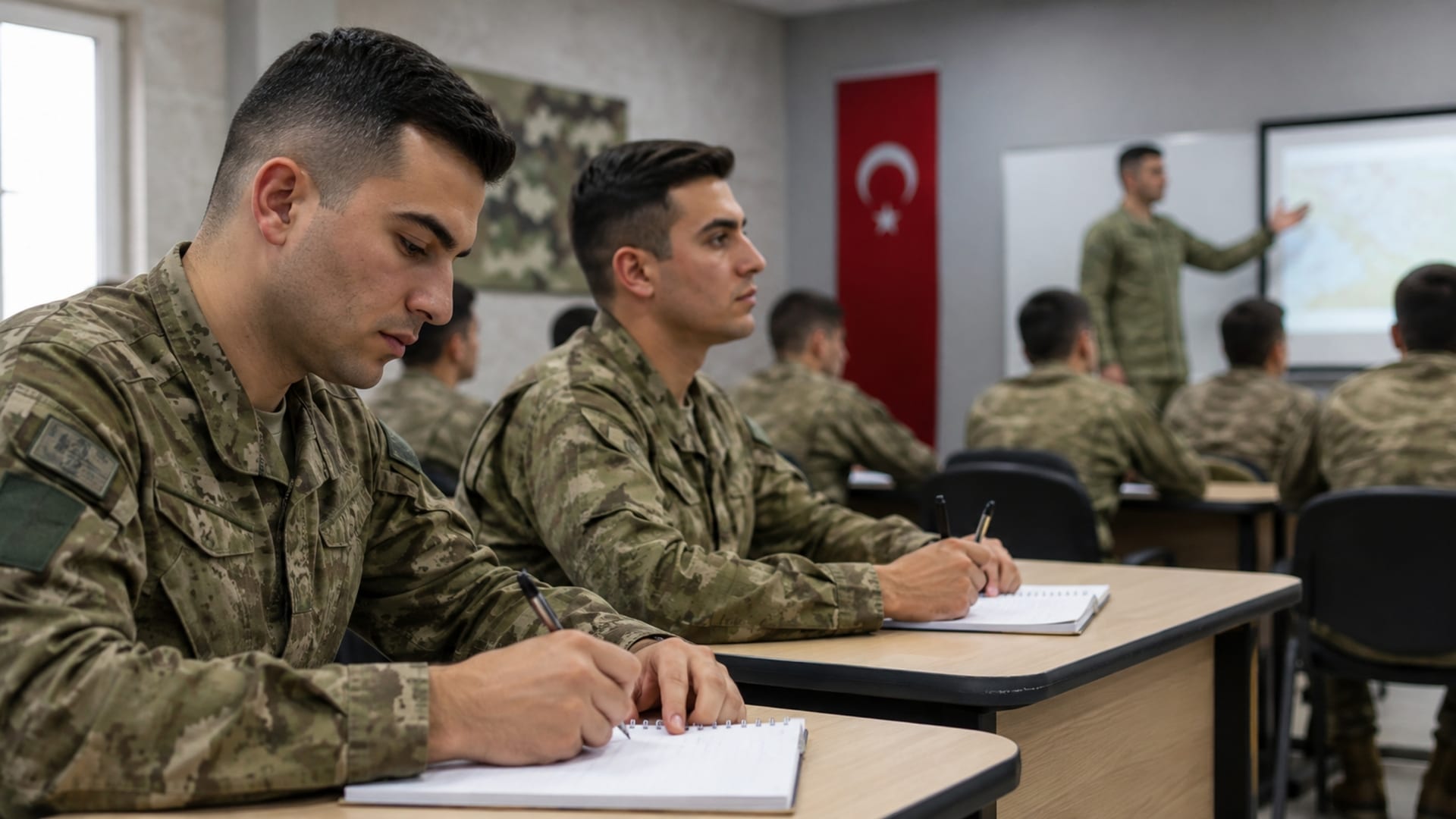 Askerî sınıfta ders dinleyerek not alan yedek subay ve yedek astsubay adayları
