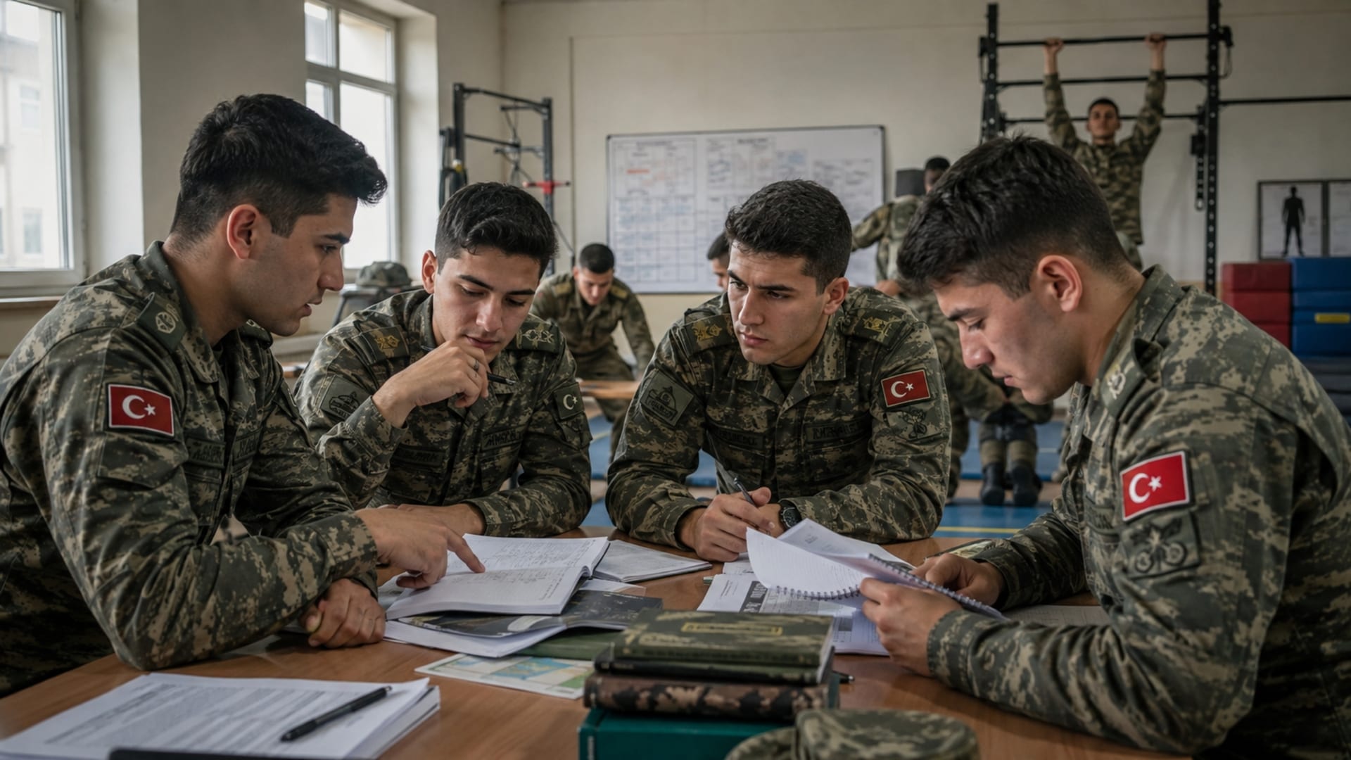 Ders ve fiziksel eğitim programlarını birlikte değerlendirerek başarı sıralamasına hazırlanan Türk asker adayları