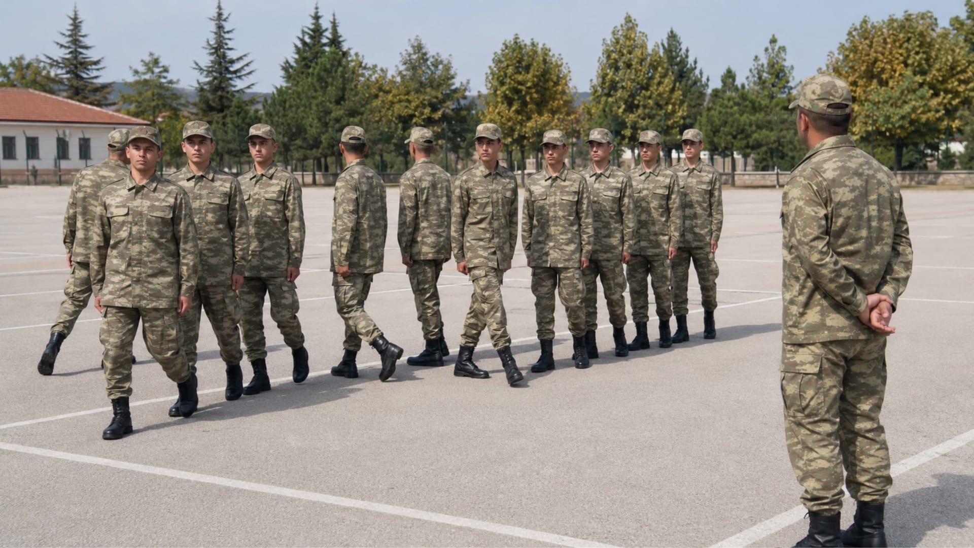 Yanaşık düzen eğitiminde dönüş ve sıra hareketlerini uygulayan Türk asker adayları