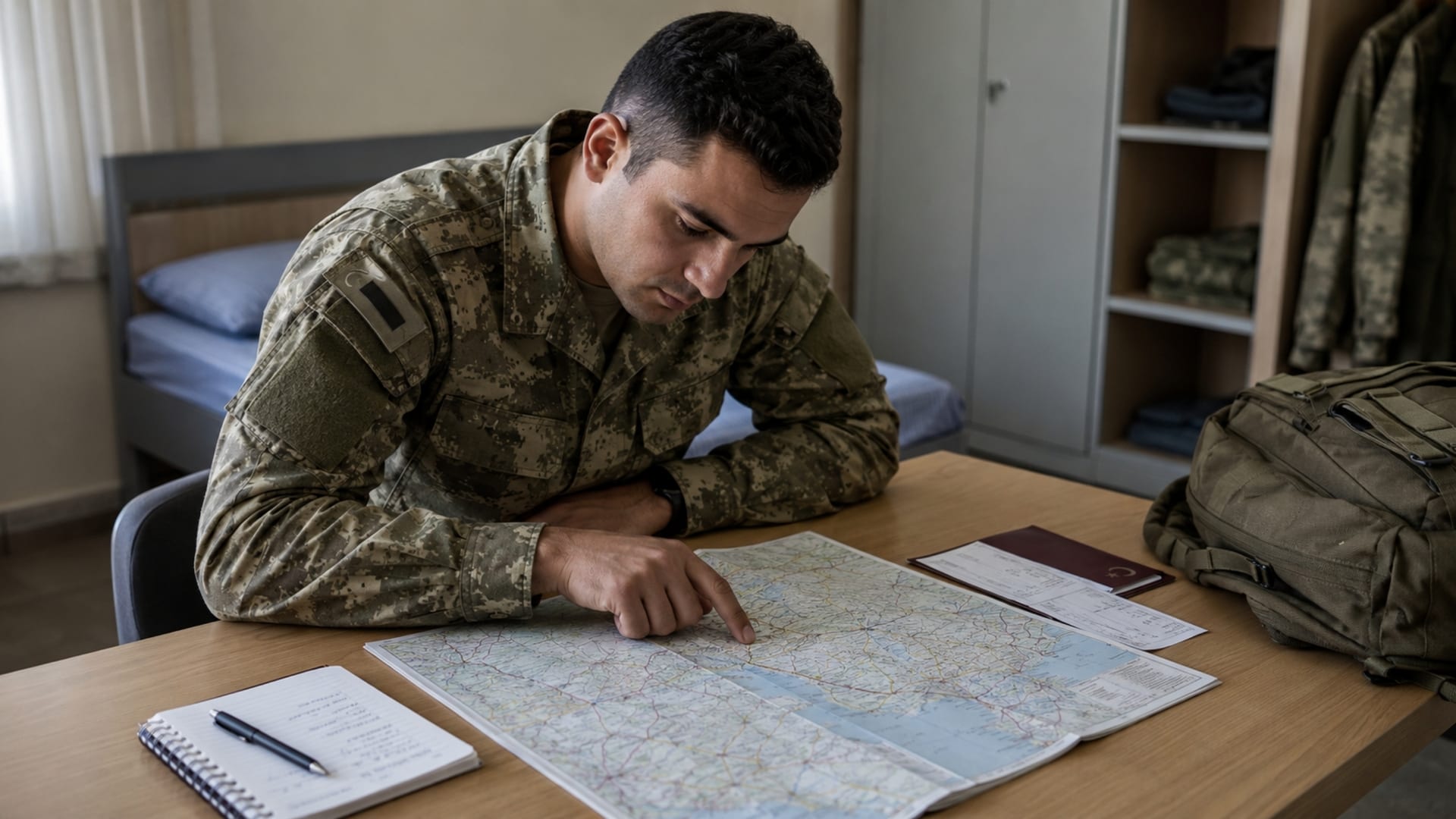 Harita üzerinde güzergâh inceleyerek yol süresi ve izin planlaması yapan Türk askerî personel