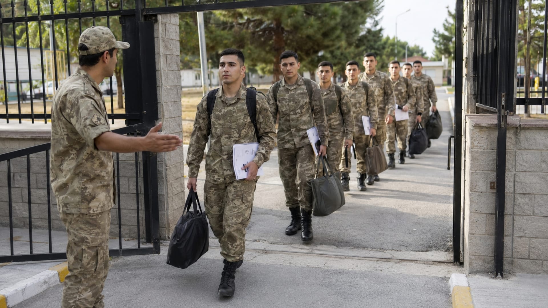 Eğitim sonrasında evrak ve çantalarıyla yeni görev birliklerine katılan Türk askerî personel