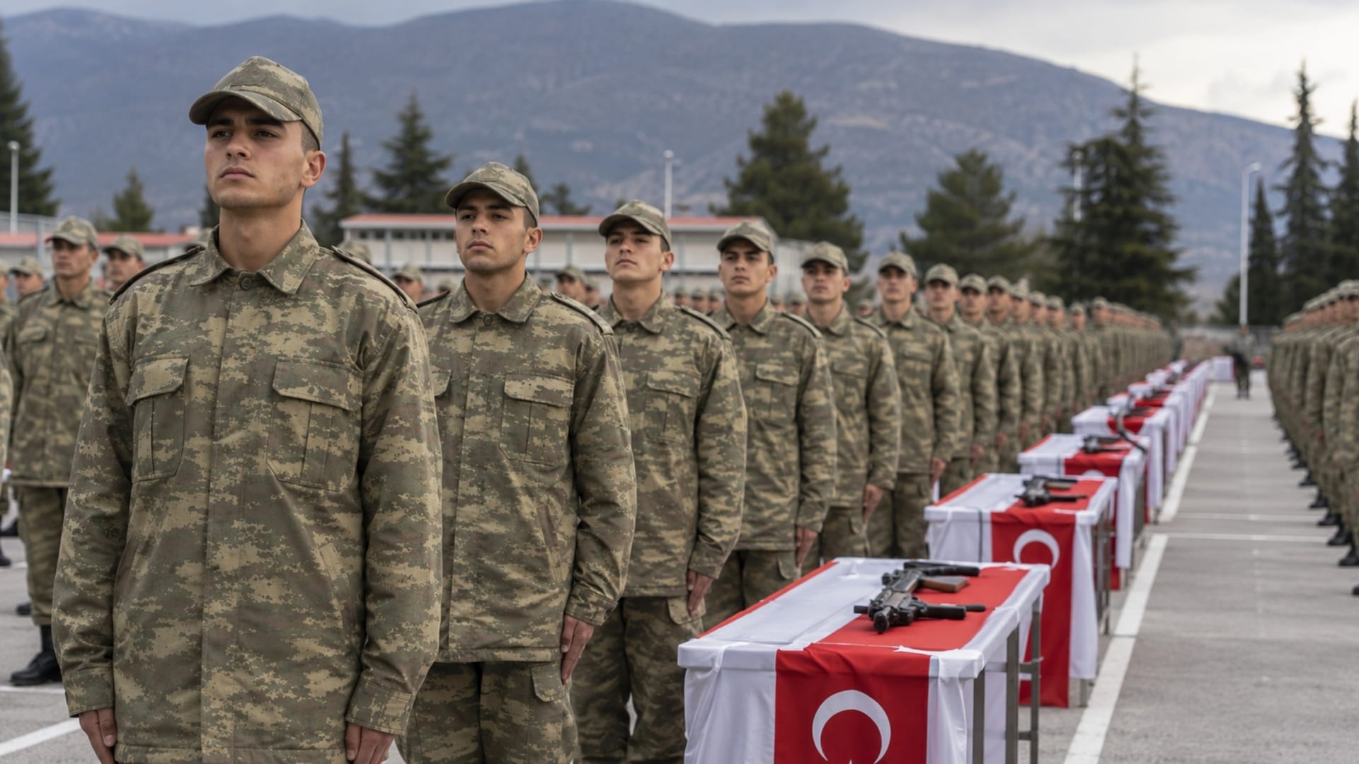 Yemin töreni öncesinde tören düzeni için hazırlık yapan Türk asker adayları