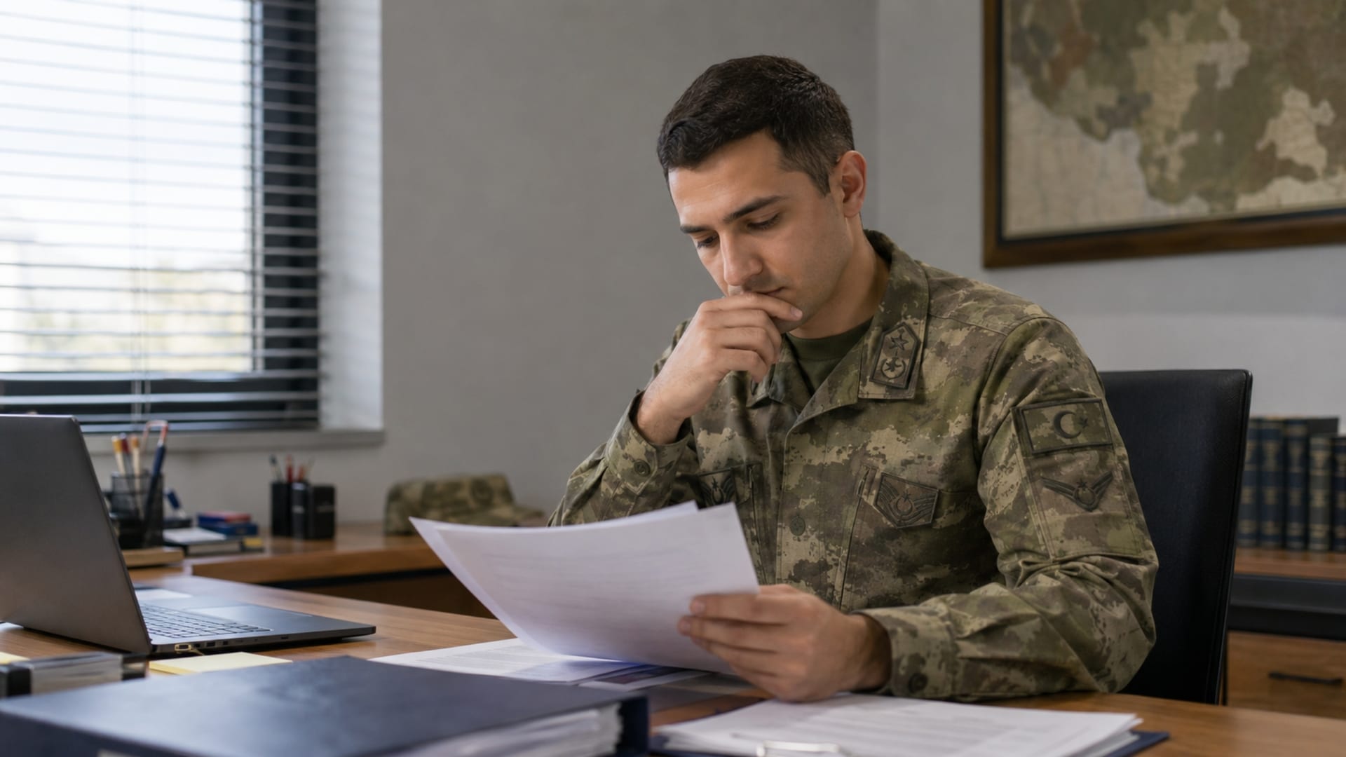 Masasında evrak inceleyerek gelecekteki kariyer seçeneğini değerlendiren Türk askerî personel