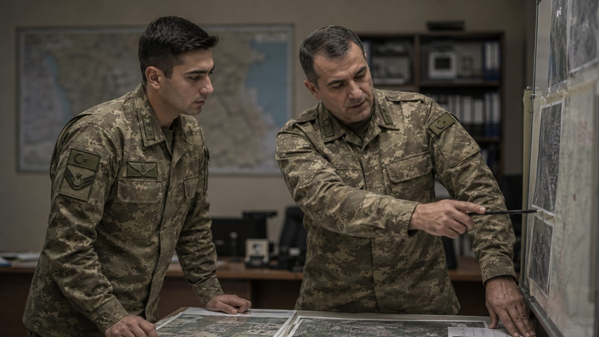 Harita ve planlar üzerinden görev düzeni hakkında bilgilendirilen Türk askerî personel