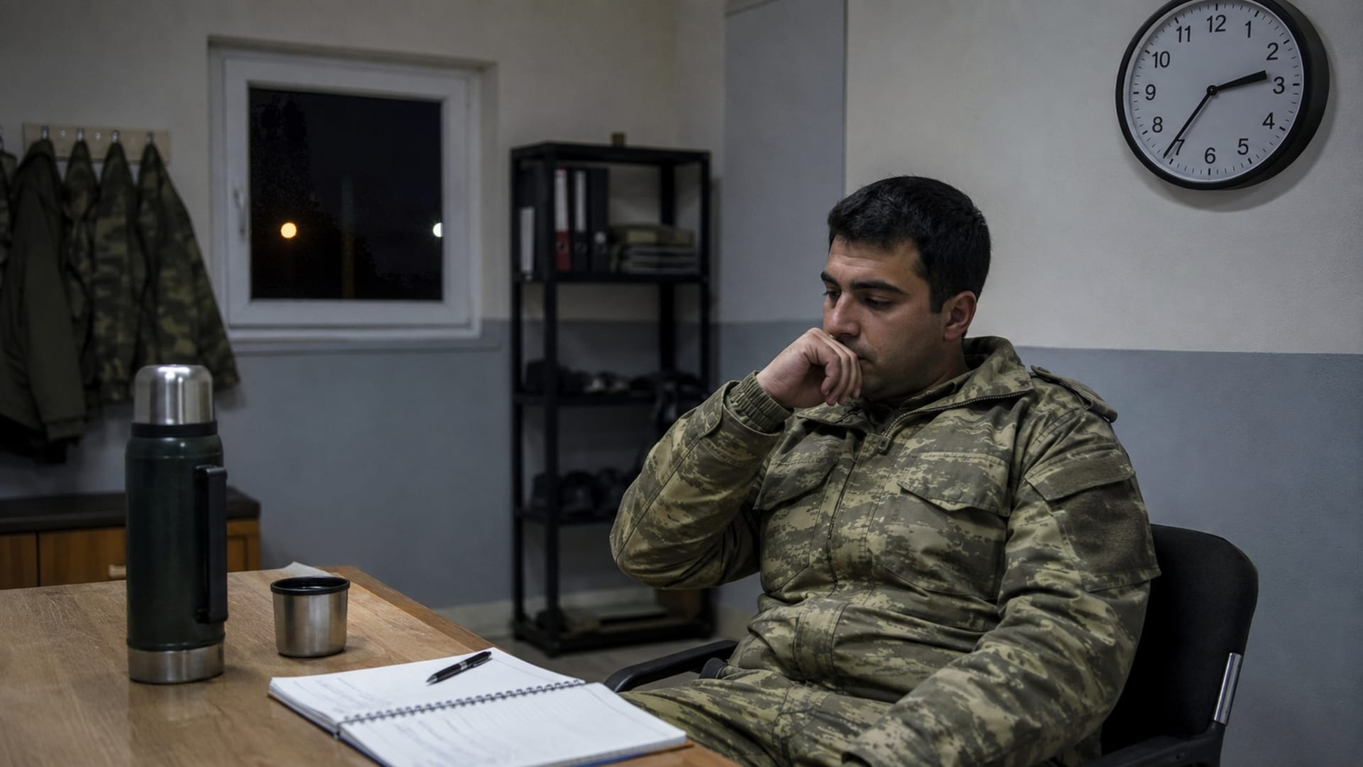 Uzun süren gece nöbetinde dinlenme alanında görevine devam eden Türk askerî personel