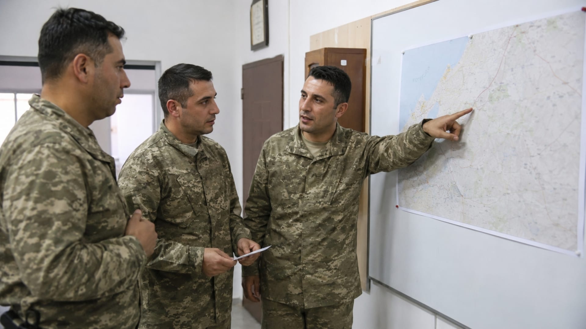 Harita üzerinden garnizon sınırları ve görev bölgesini değerlendiren Türk askerî personel