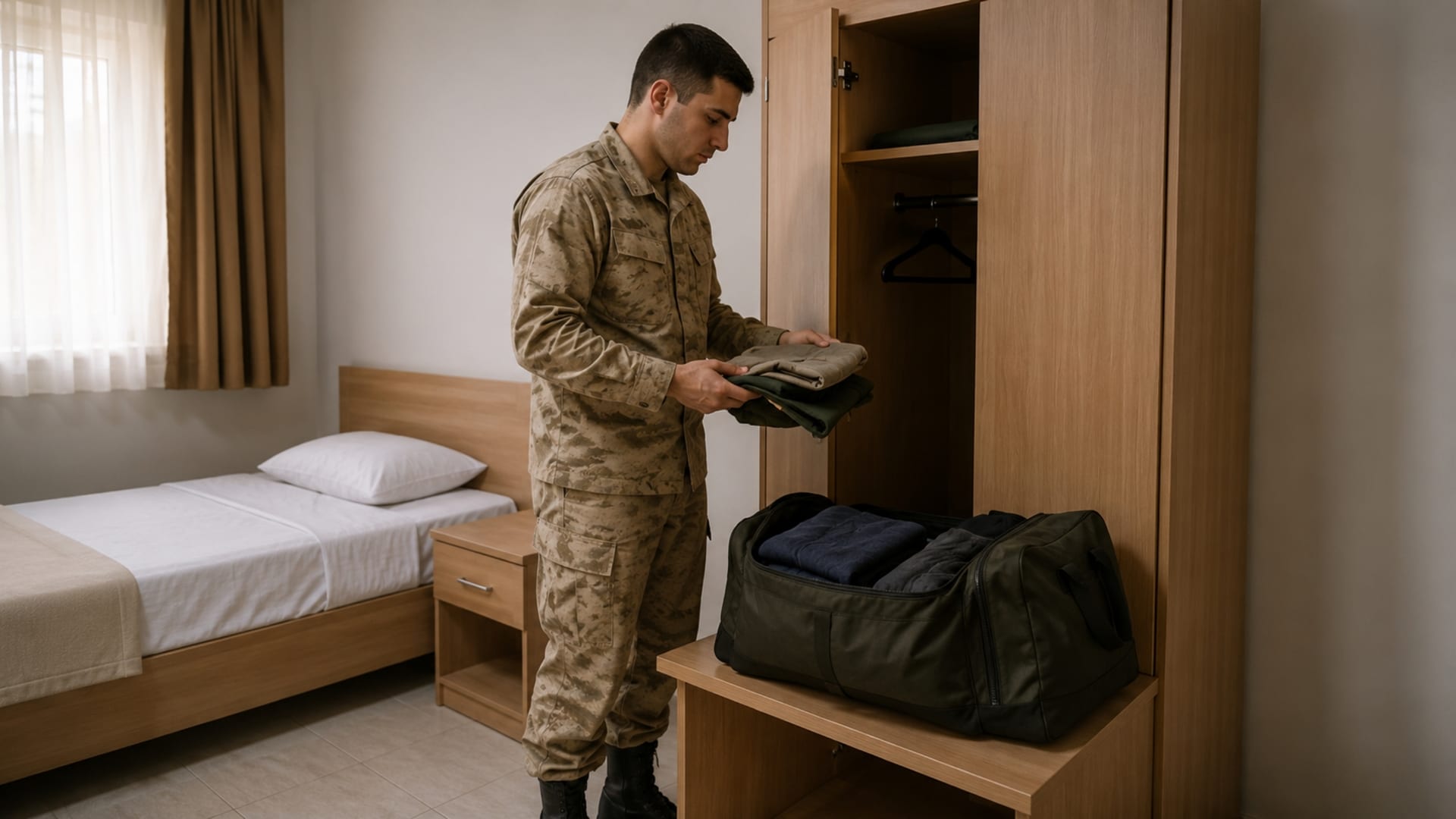 Askerî konaklama odasında kişisel eşyalarını yerleştiren Türk askerî personel