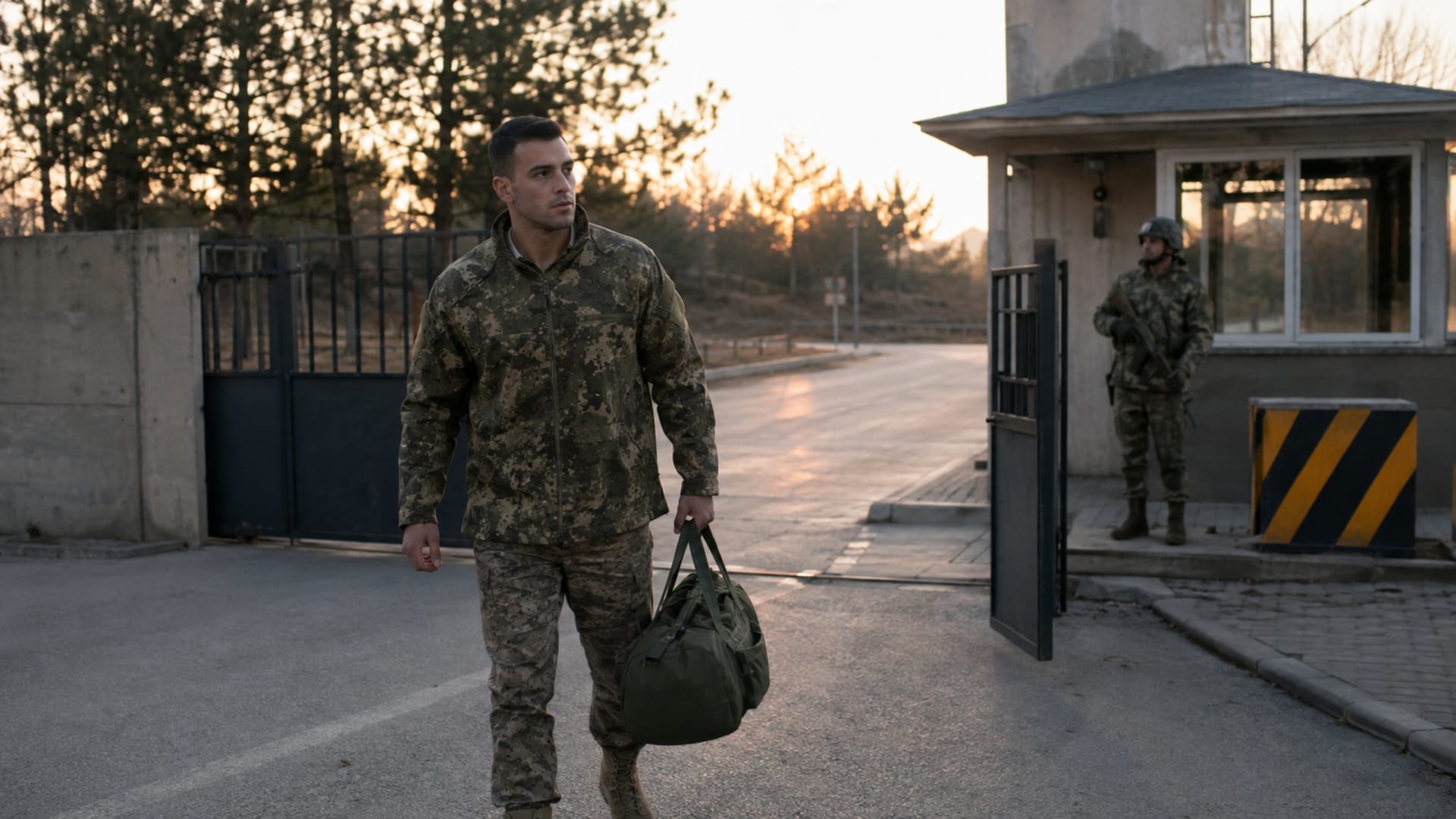 Mesai sonrası çantasıyla askerî birlik kontrol noktasından ayrılan Türk askerî personel